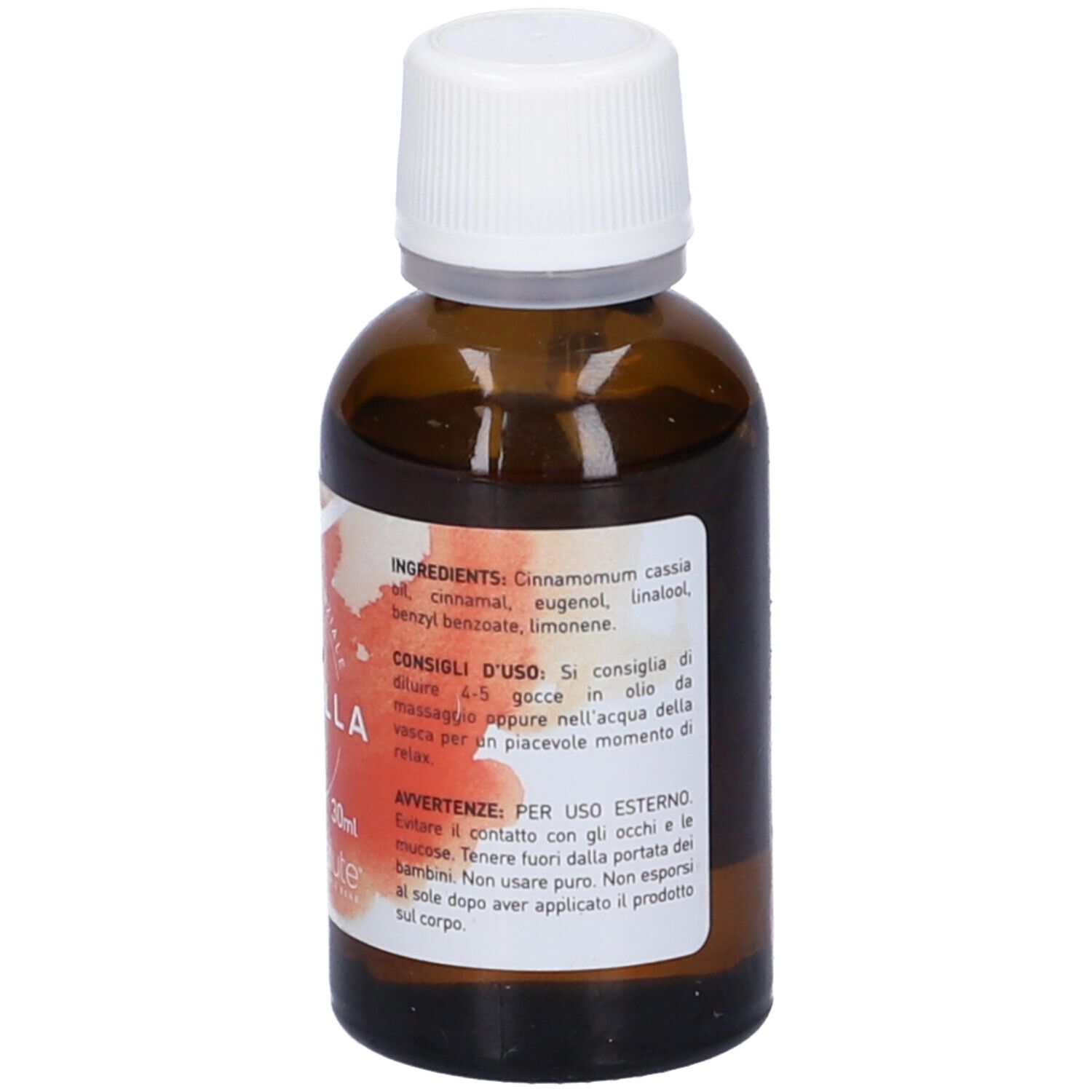 Flacone di vetro marrone con tappo bianco. L'etichetta indica "Cannella" e "Olio Essenziale". Scritta "30ml" e logo.