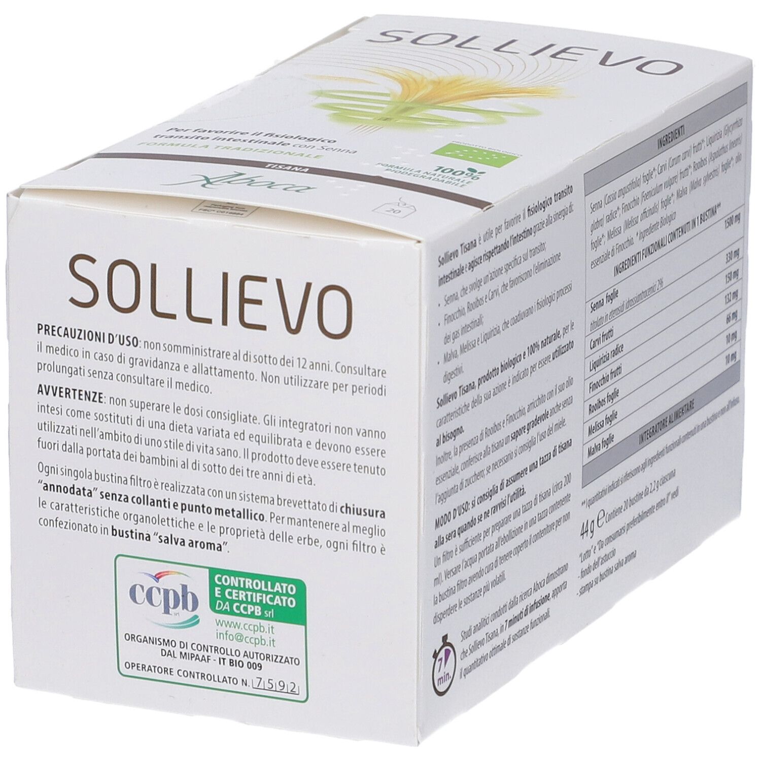 Lato della confezione Sollievo con precauzioni d'uso e certificazioni. Etichetta CCPB.