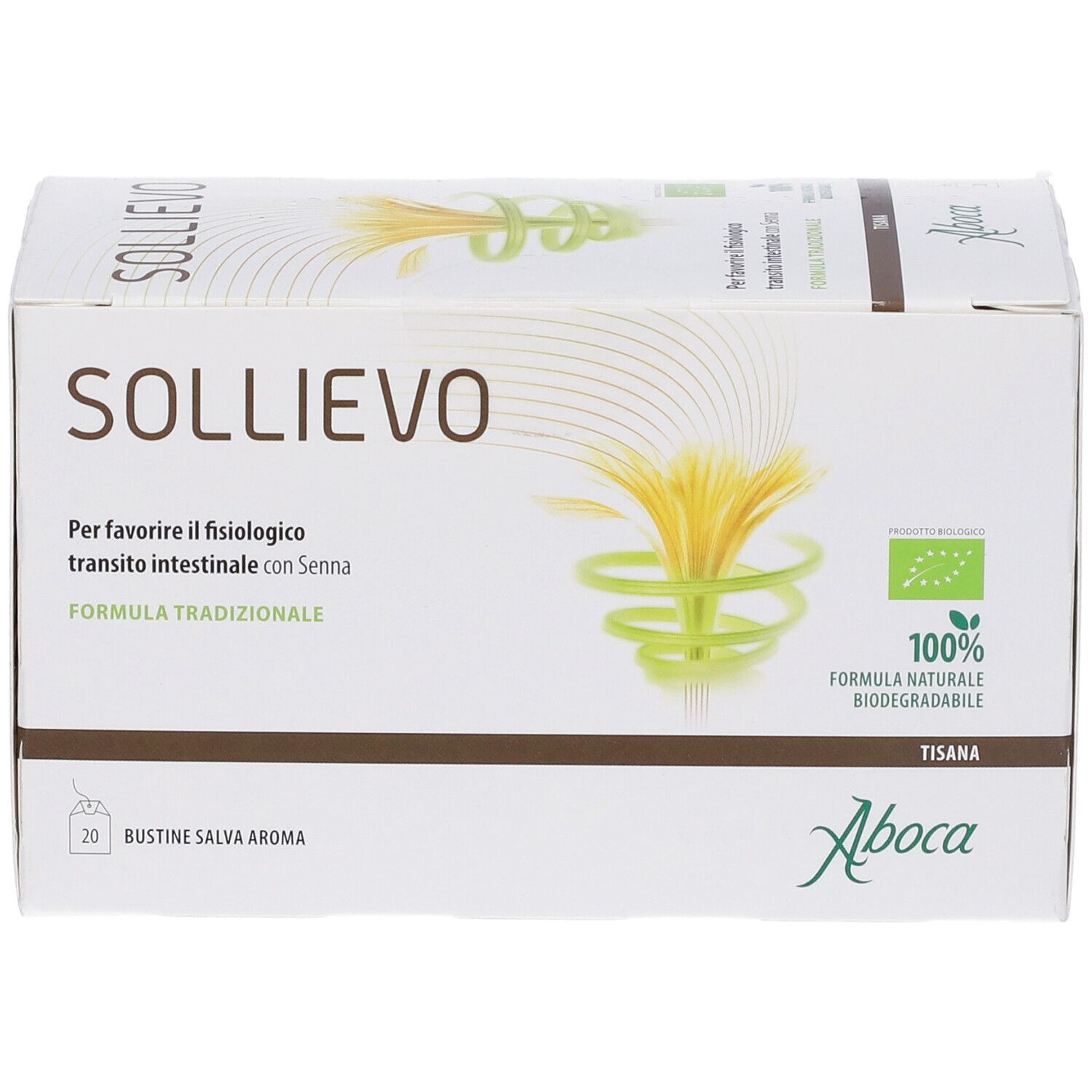 Scatola di cartone bianca Sollievo. Logo e testo. 20 bustine. Logo Aboca ed etichetta biologica.