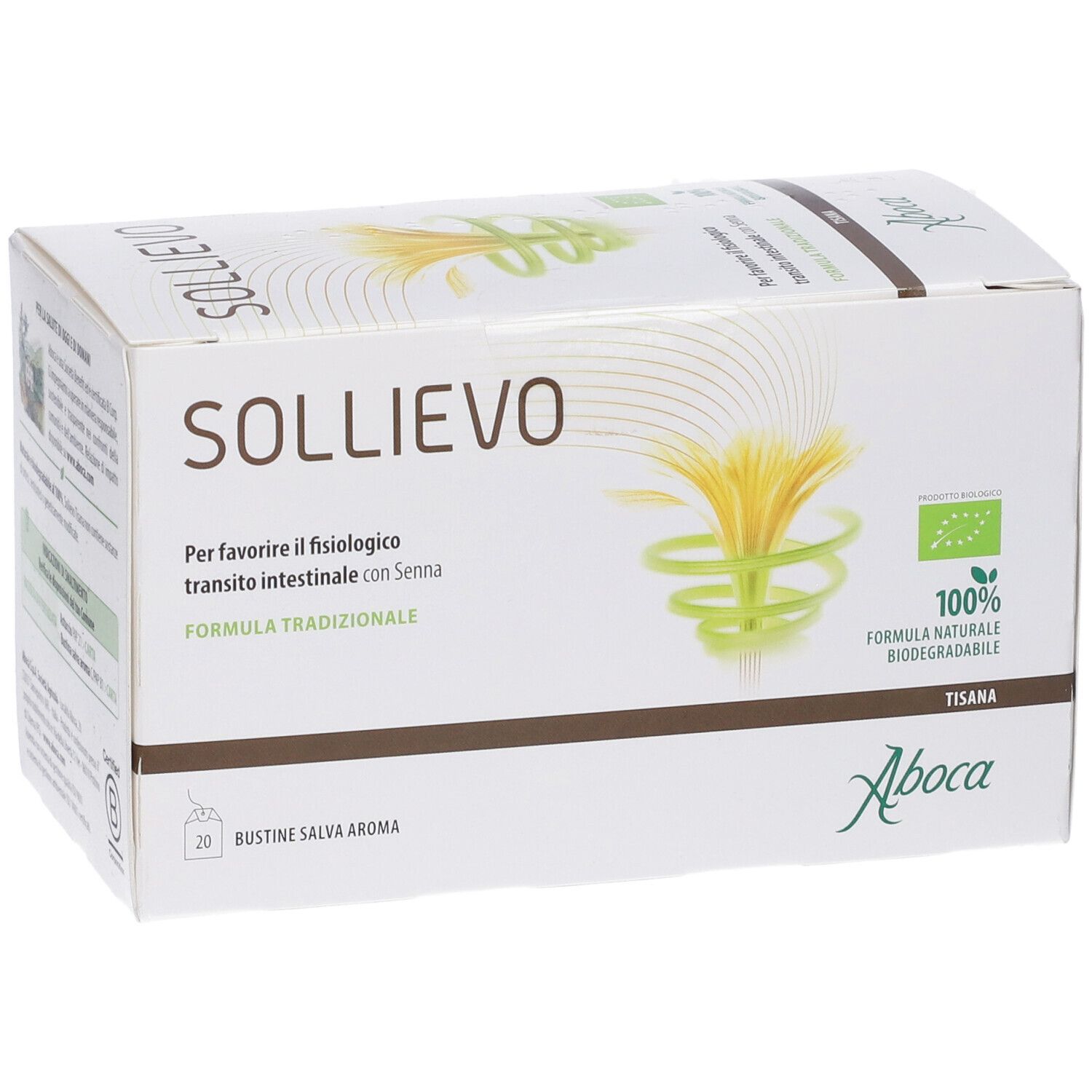Scatola di cartone bianca Sollievo. Logo e testo. 20 bustine. Logo Aboca ed etichetta biologica.