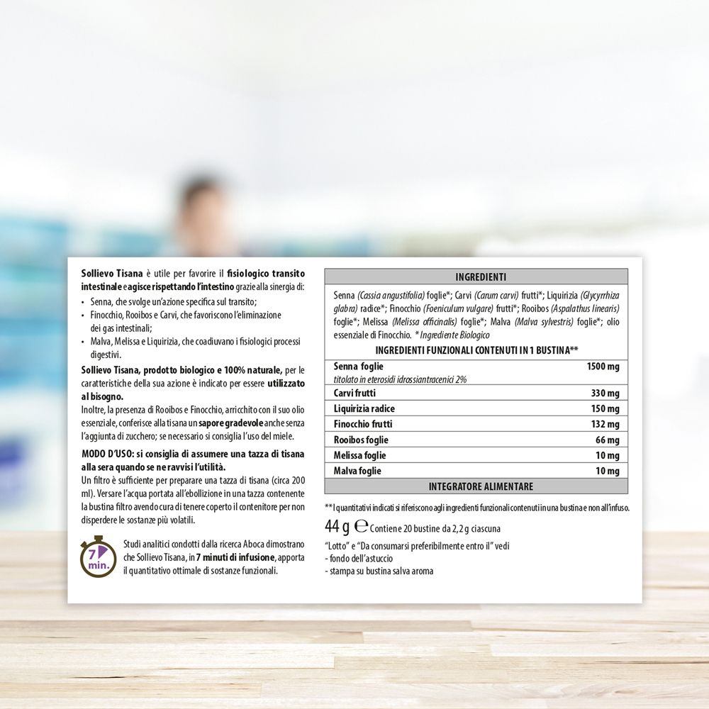 Retro confezione Sollievo. Elenco ingredienti, informazioni nutrizionali. Testo in italiano. 44g.