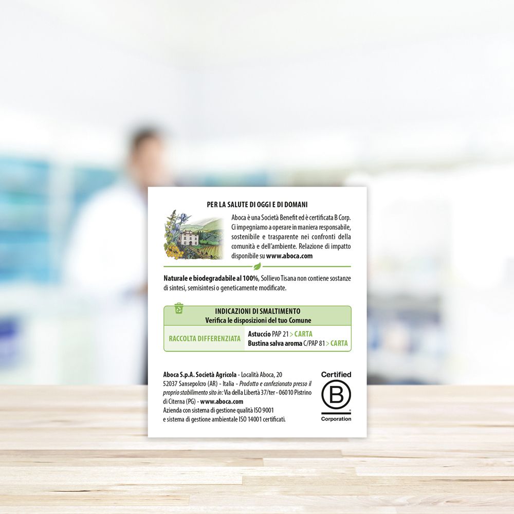 Retro confezione Sollievo. Informazioni sullo smaltimento, certificazioni. Testo in italiano. Logo B Corp.