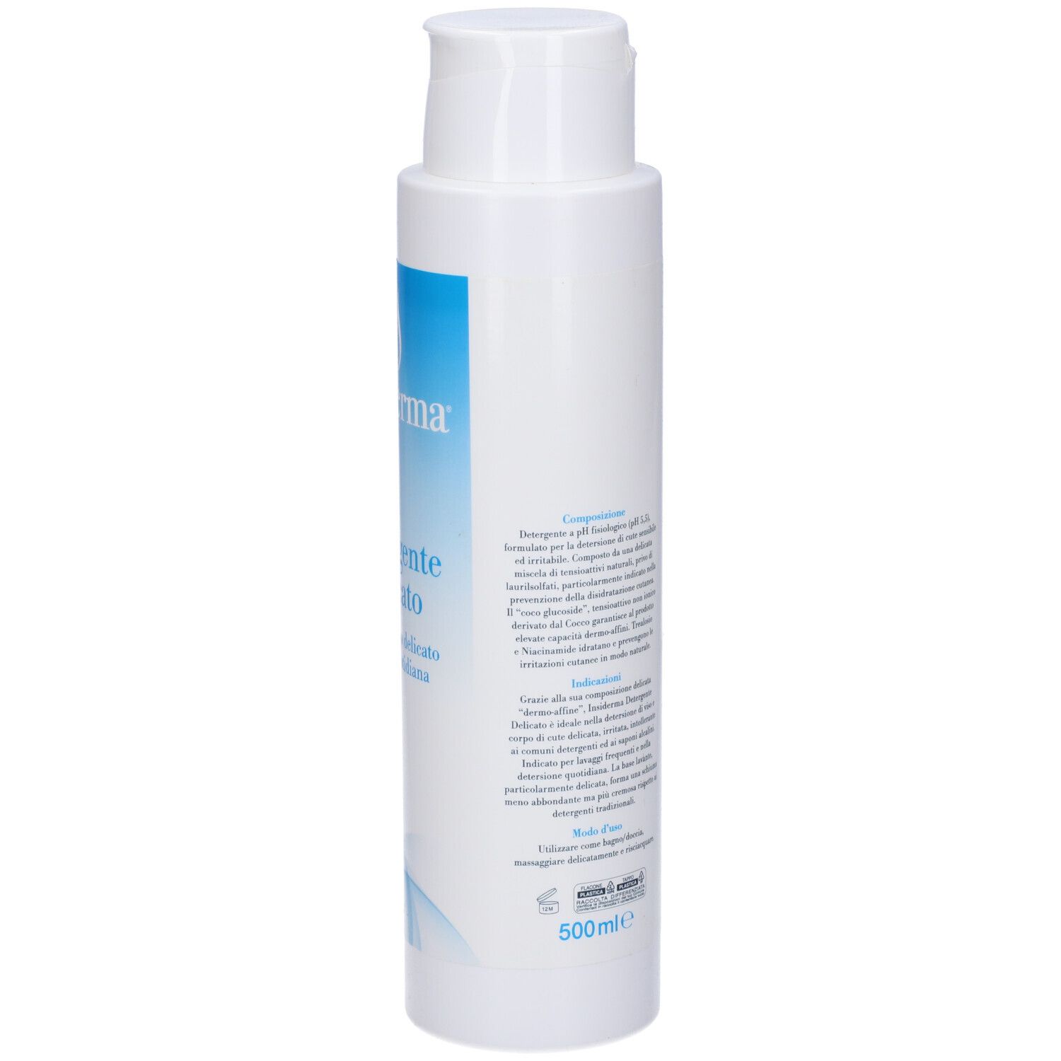 Flacone bianco con testo sul retro. Contiene informazioni su ingredienti e utilizzo. 500ml.