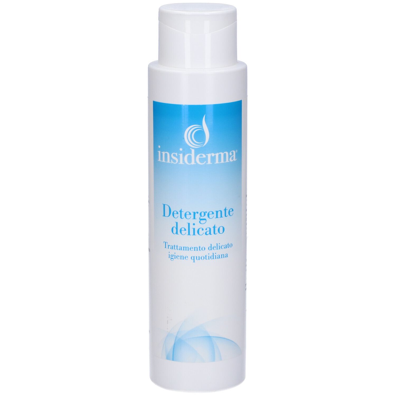 Flacone bianco con etichetta blu. Scritta: Insiderma, Detergente delicato. Prodotto per l'igiene quotidiana.