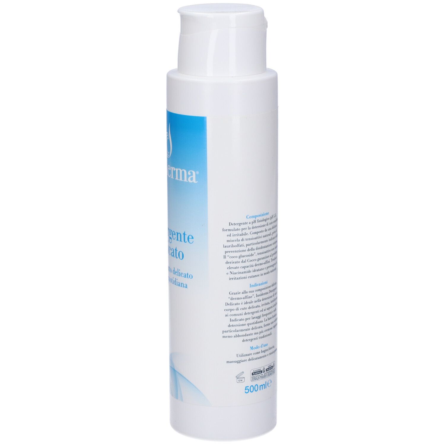 Flacone bianco con testo sul retro. Contiene informazioni su ingredienti e utilizzo. 500ml.