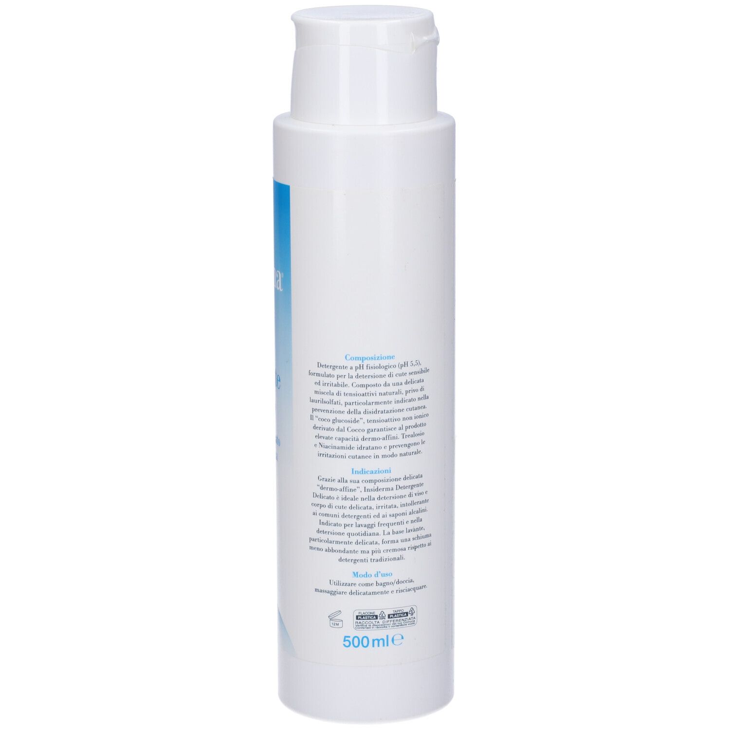 Flacone bianco con testo sul retro. Contiene informazioni su ingredienti e utilizzo. 500ml.