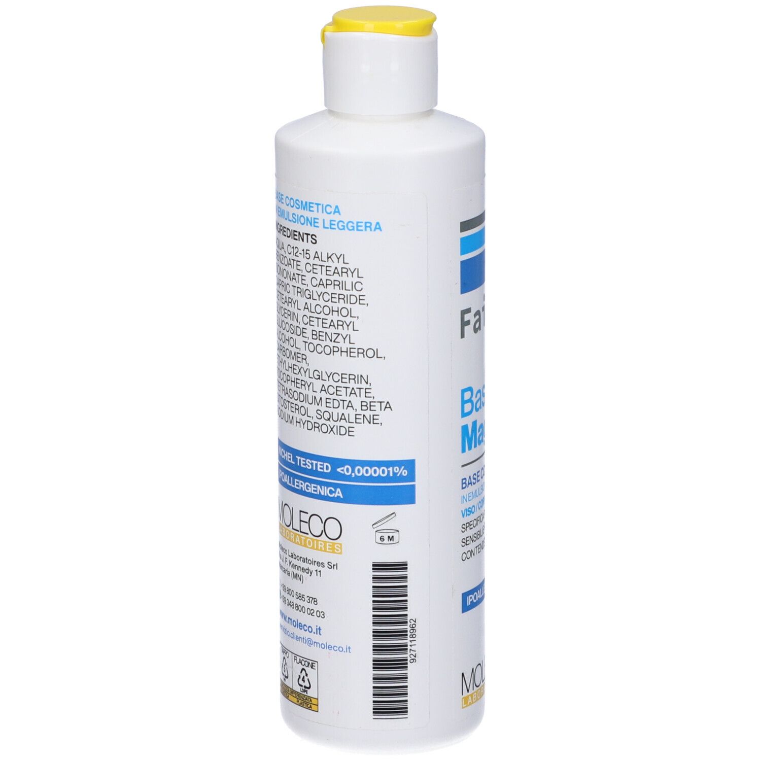 Flacone bianco con tappo giallo. Retro con ingredienti e codice a barre. Testo: Nickel testato <0,00001%.