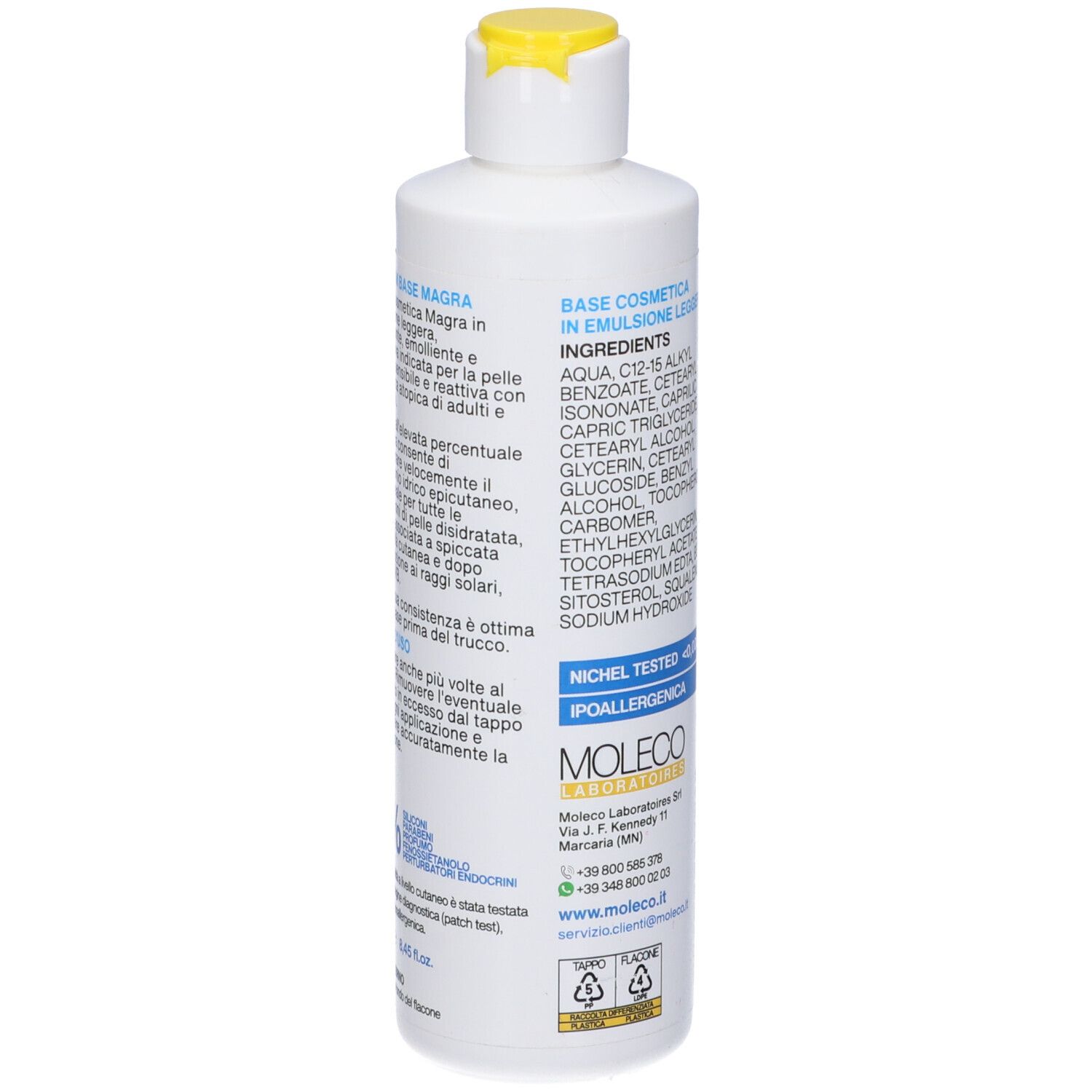 Flacone bianco con tappo giallo. Retro con testo. Testo: Base Cosmetica in Emulsione.