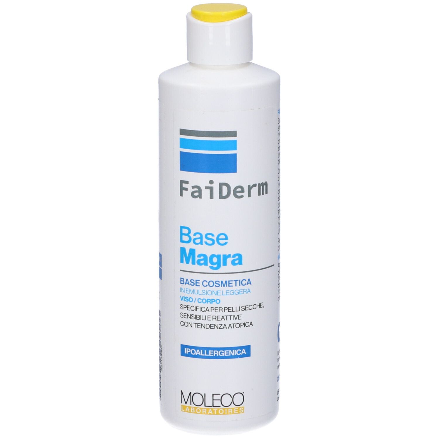 Flacone bianco con tappo giallo. Scritta: FaiDerm Base Magra. Strisce blu. Testo: Base Cosmetica.
