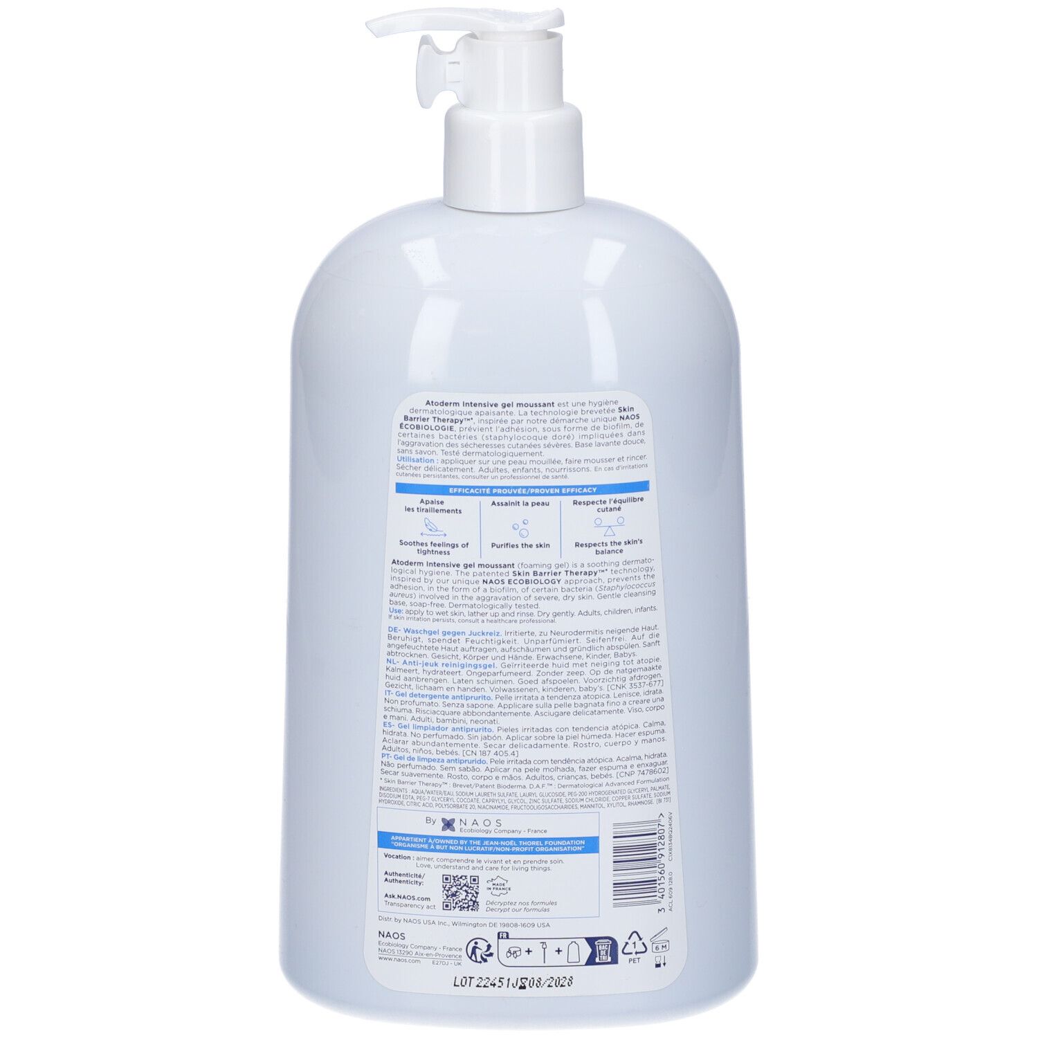 Retro di un flacone azzurro chiaro con testo. Prodotto per pelli secche.