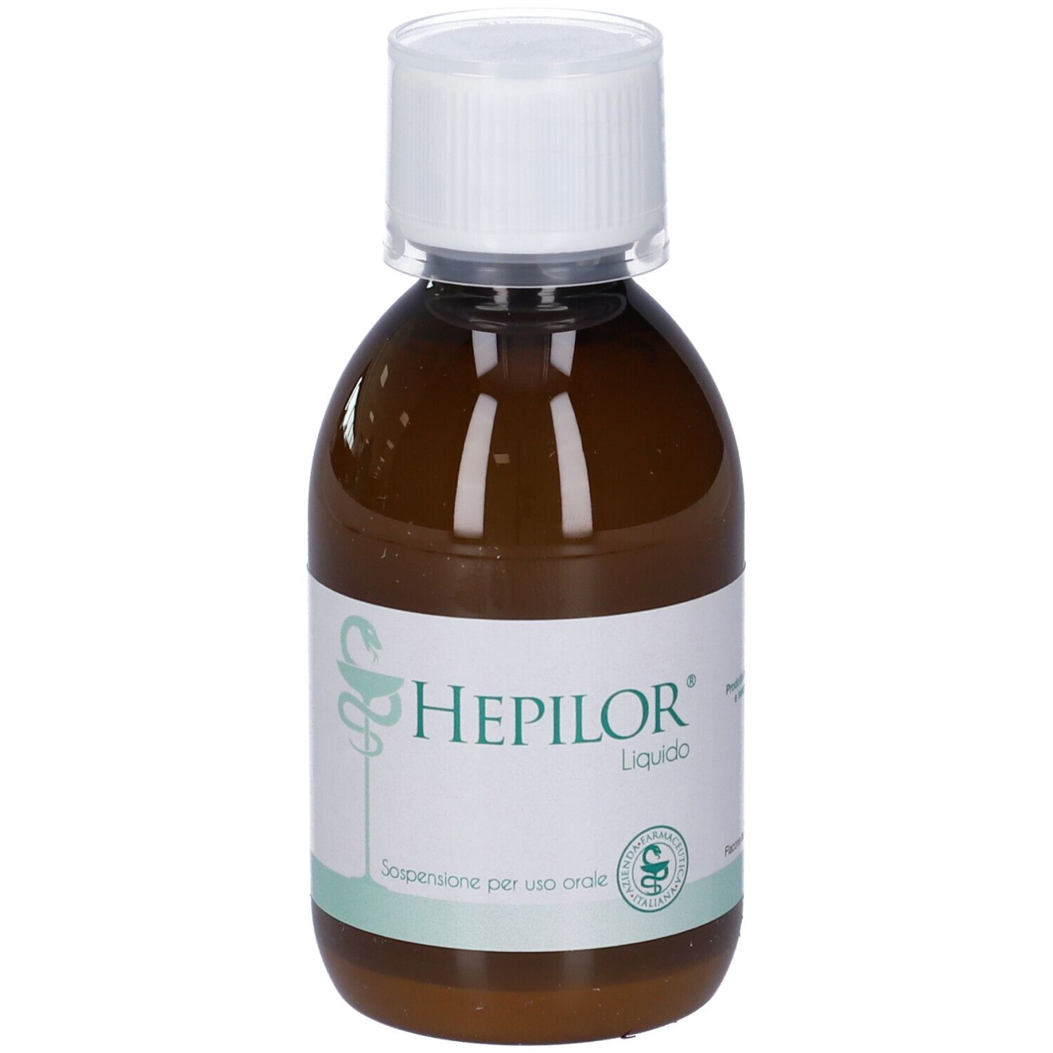 Flacone marrone con tappo bianco. Scritta HEPILOR Liquido. Simbolo farmacia. Dispositivo medico.
