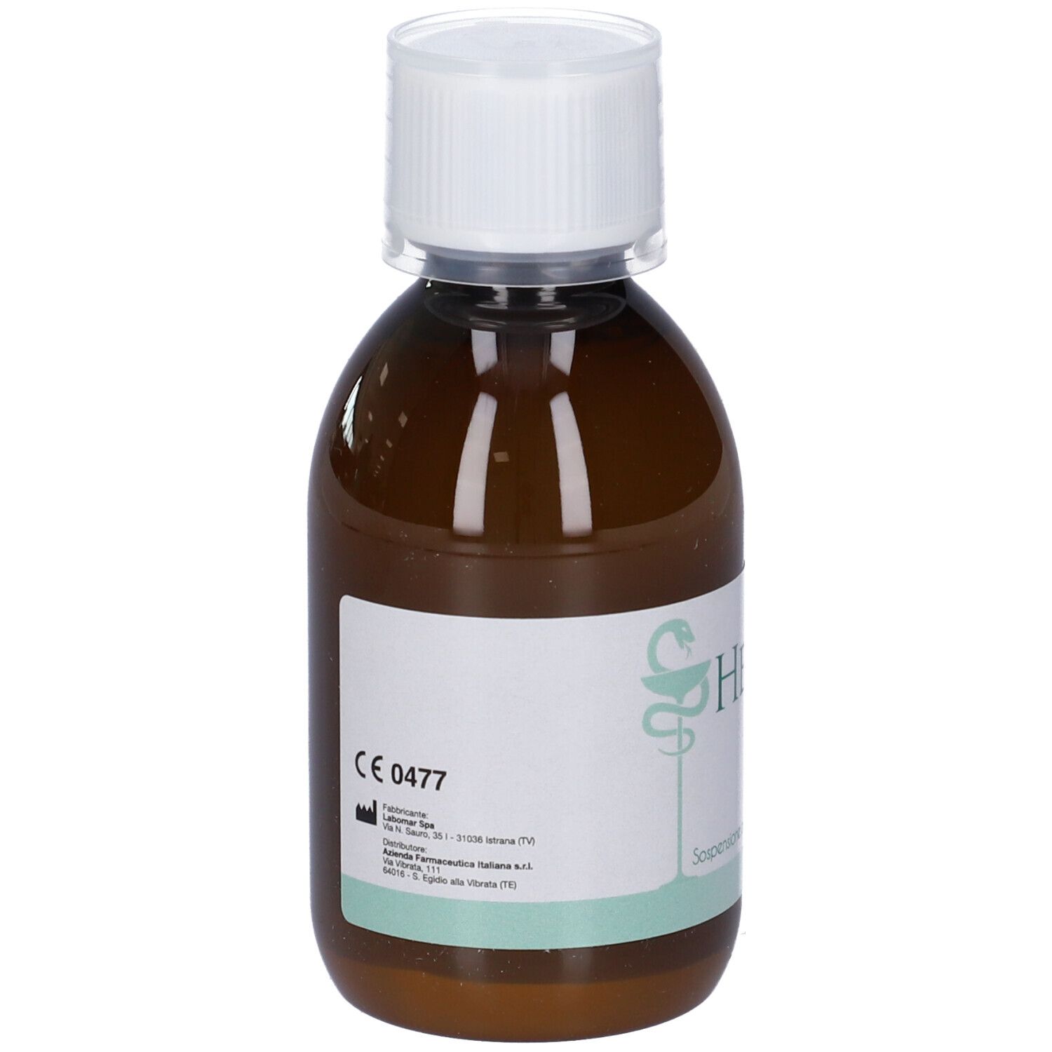 Liquido marrone in bottiglia con tappo bianco. Etichetta con testo e marchio CE. Logo verde e bianco.