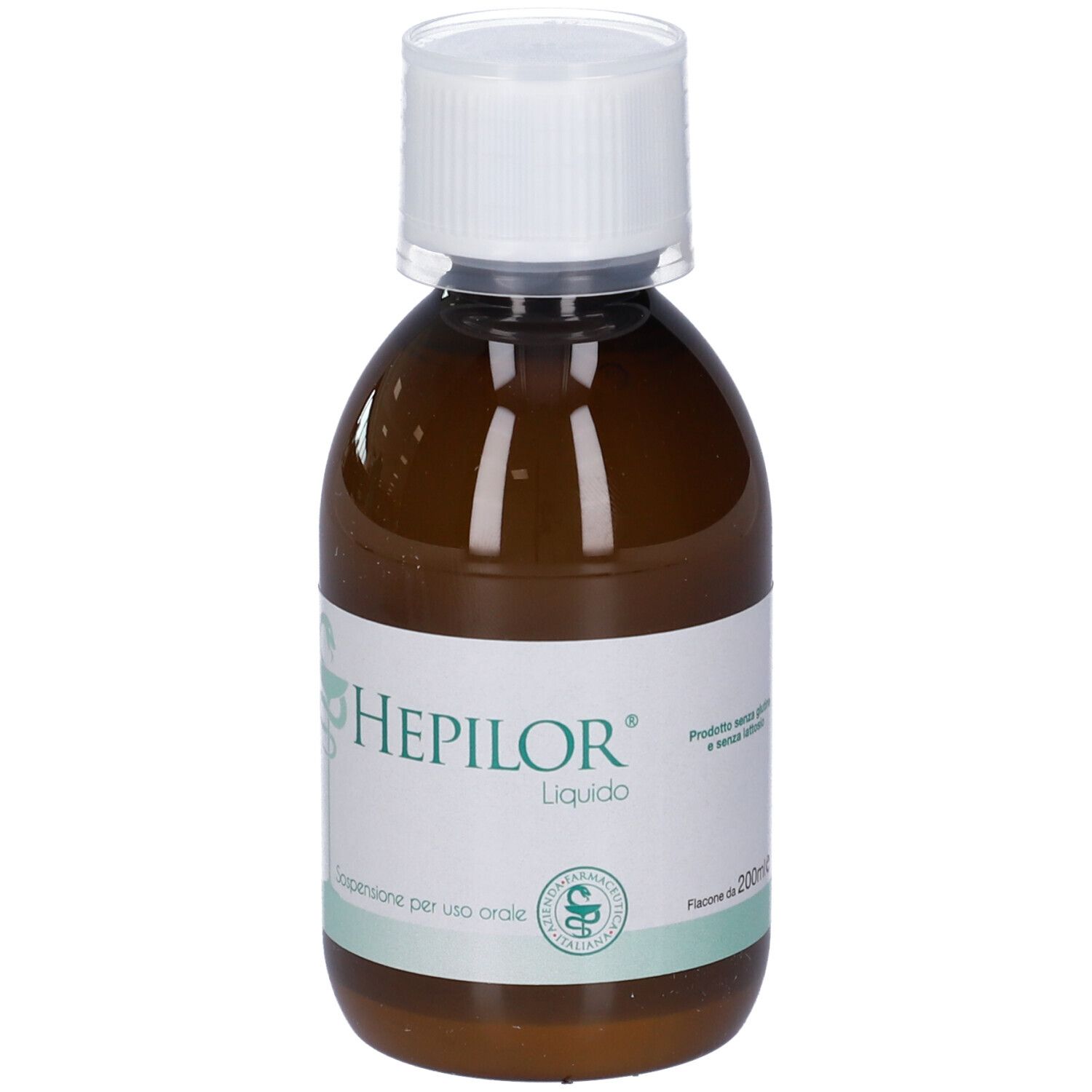 Liquido marrone in bottiglia con tappo bianco. Etichetta con nome prodotto e testo. Logo verde e bianco. 200ml.