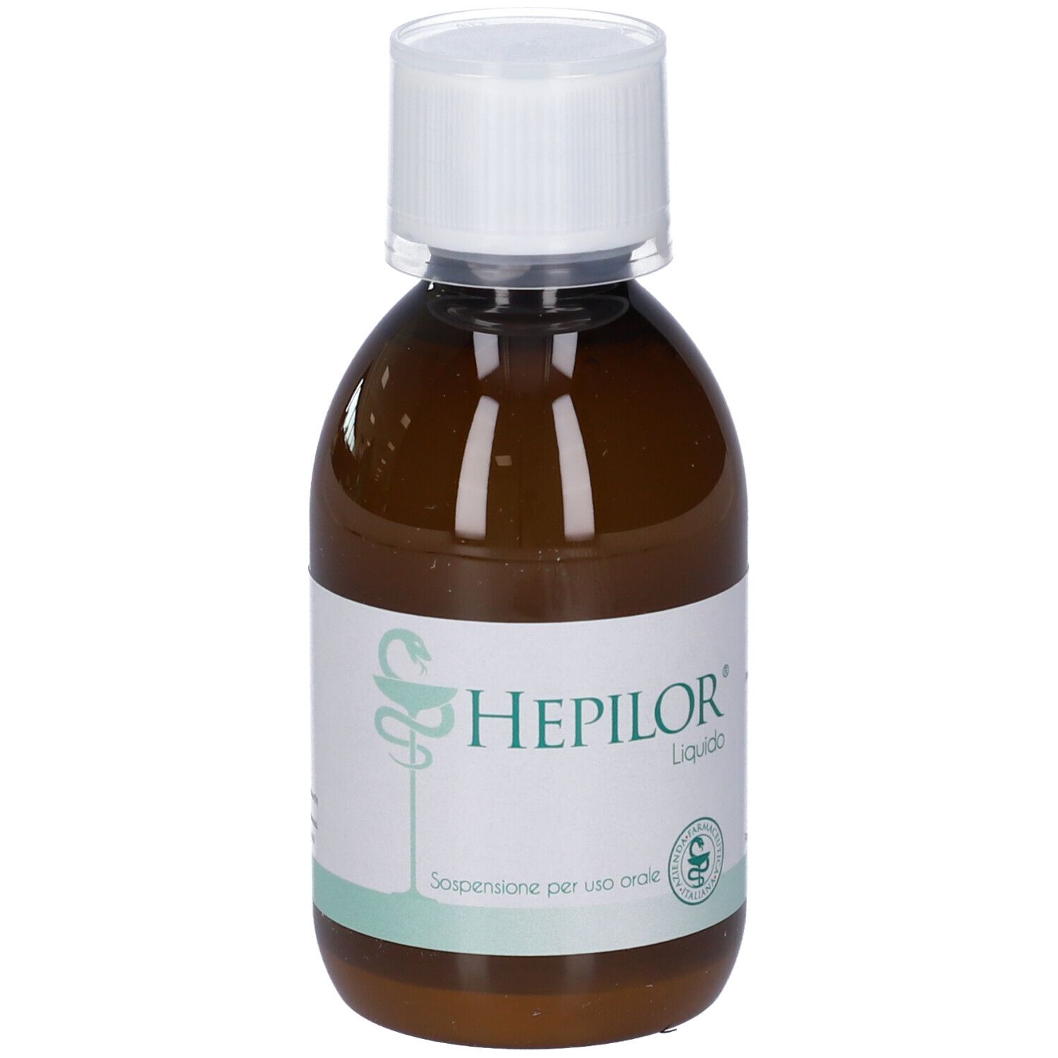 Flacone marrone con tappo bianco. Scritta HEPILOR Liquido. Simbolo farmacia. Dispositivo medico.