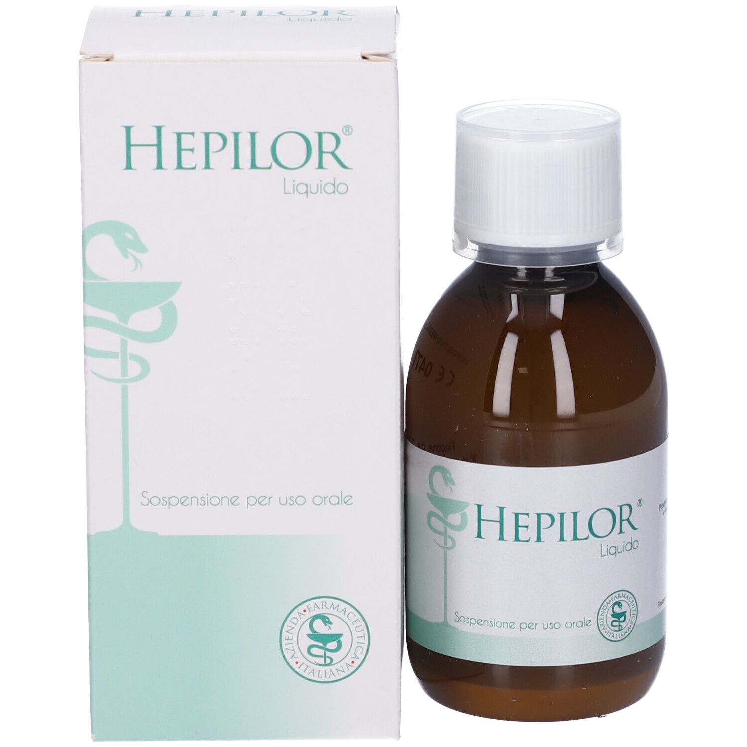 Prodotto e confezione. Flacone marrone con tappo bianco. Scritta HEPILOR Liquido. Simbolo farmacia.