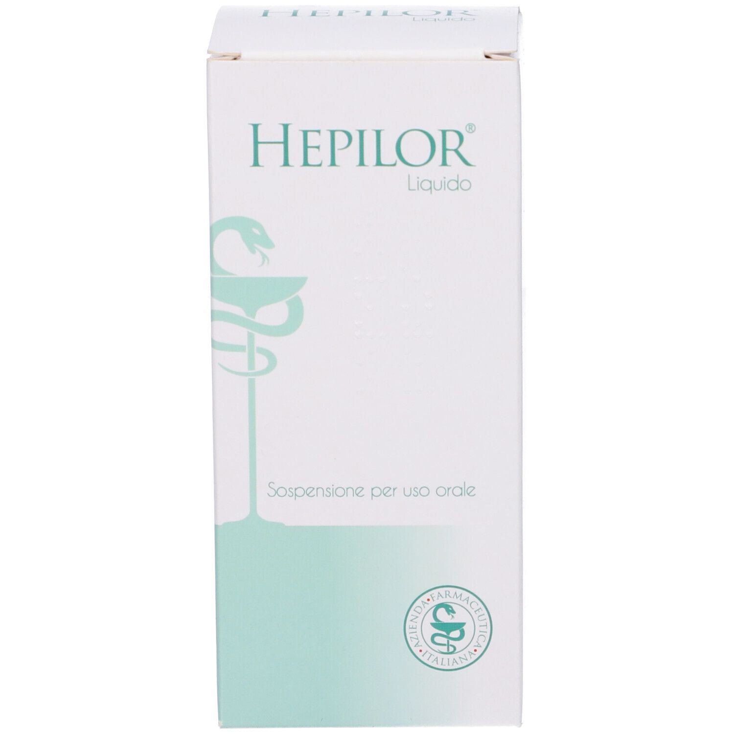 Scatola bianca alta con accenti verdi. Scritta HEPILOR Liquido. Simbolo farmacia.