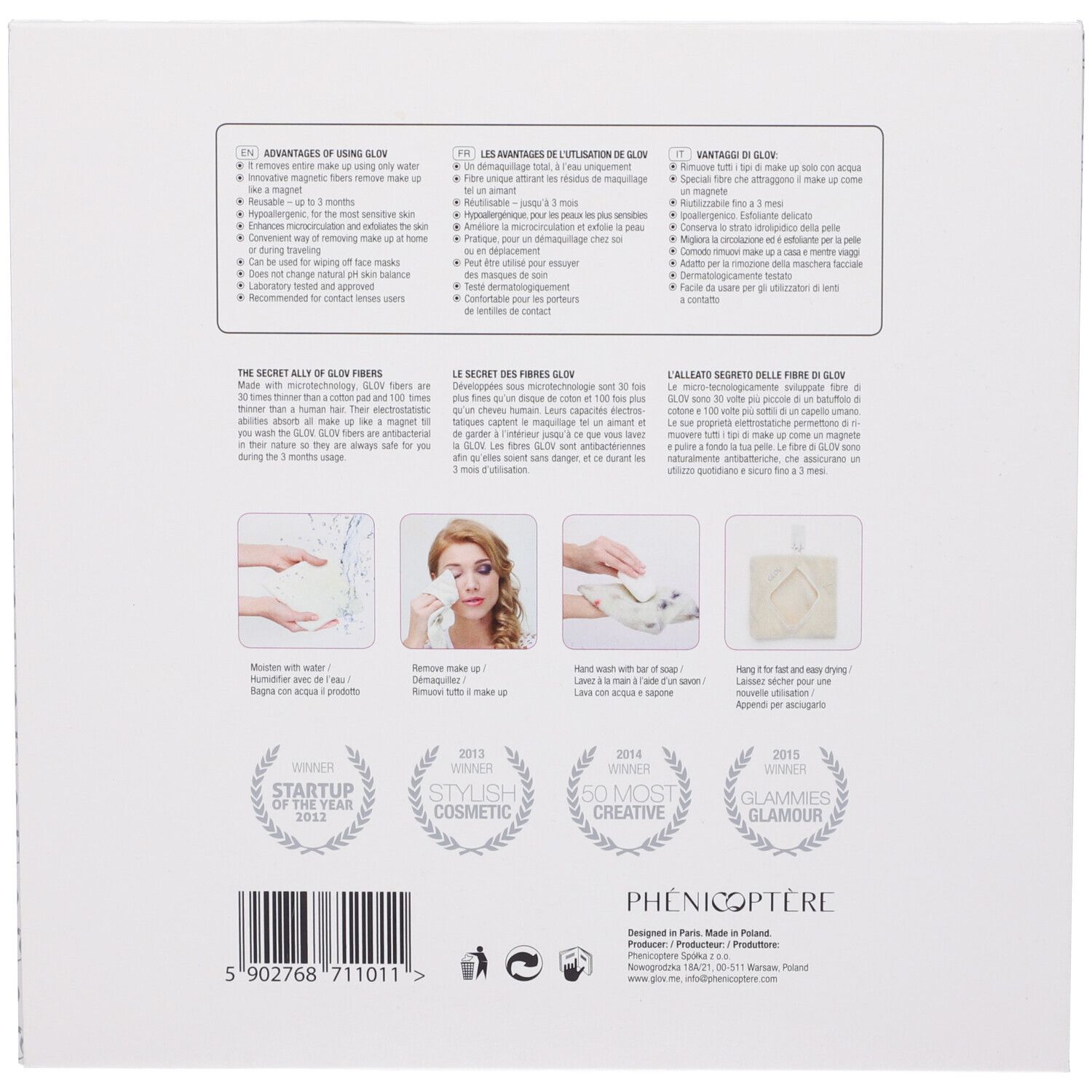 Retro della confezione con testo multilingue. Illustrazioni d'uso. Loghi: Startup of the Year, Stylish Cosmetic, 50 Most Creative, Glamour Glamour.