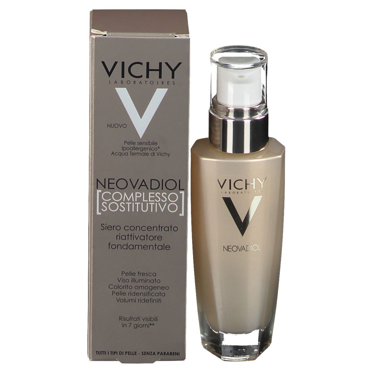 Siero Vichy Neovadiol e confezione. Flacone accanto a scatola grigia con nome e logo del prodotto.