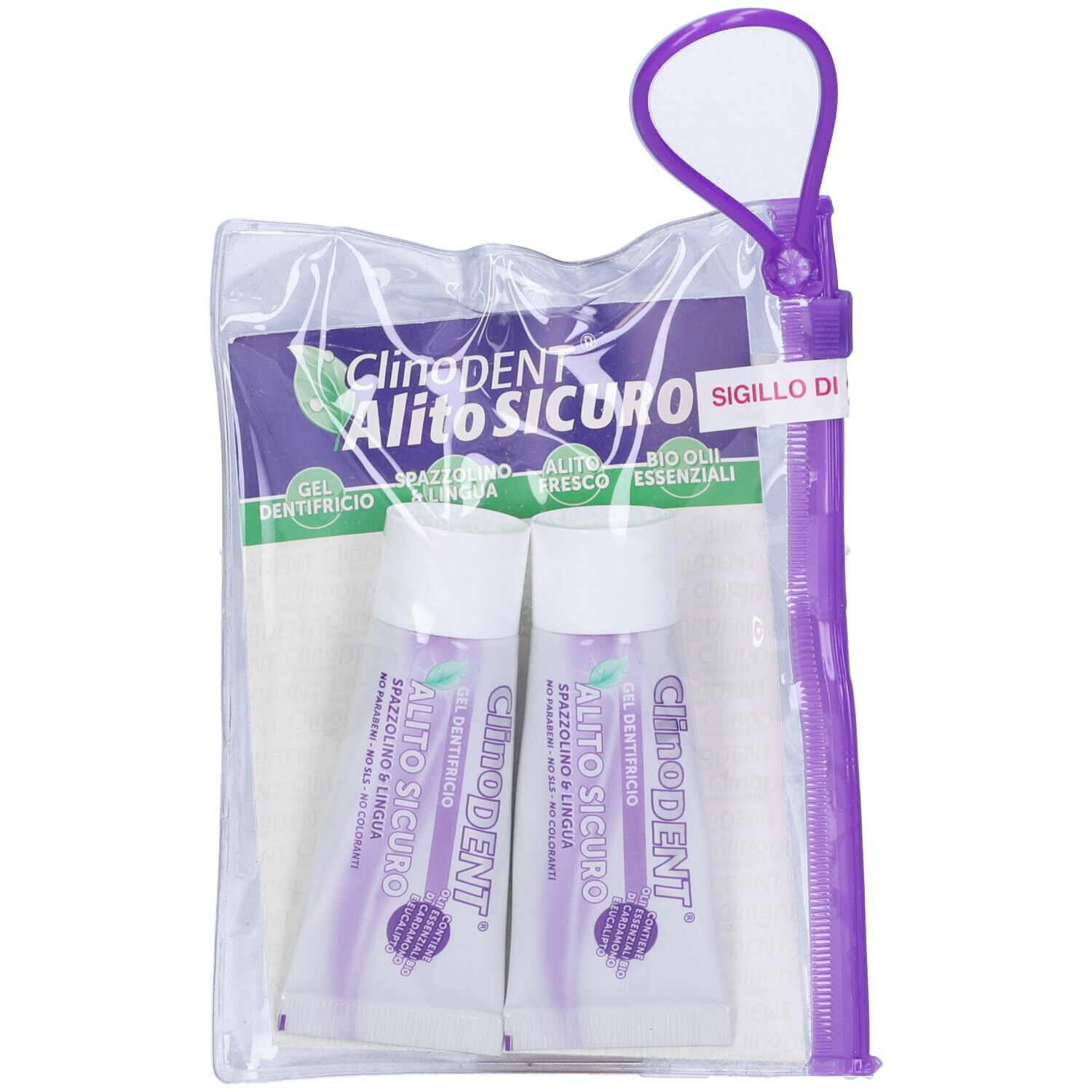 Due tubi di gel dentifricio in una custodia trasparente con zip. Con specchietto. Scritta: Clinodent Alito Sicuro.