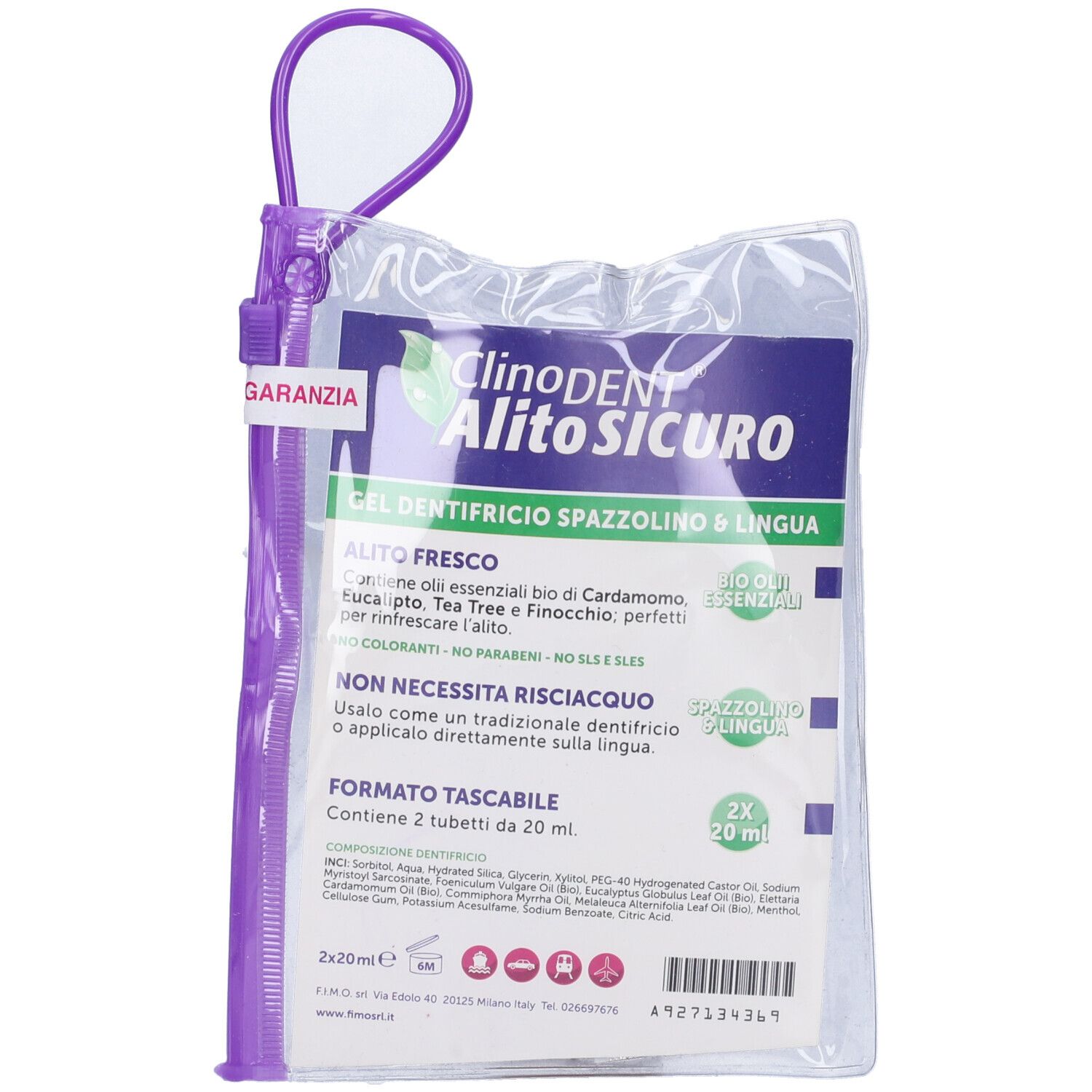 Custodia trasparente con zip. Scritta: Clinodent Alito Sicuro. Contiene due tubi di gel dentifricio.
