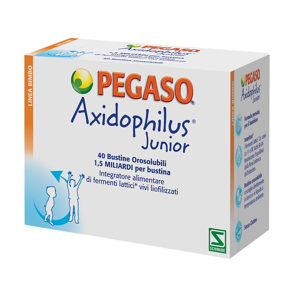 Scatola bianca con scritte. Scritta: PEGaso Axidophilus Junior, 40 bustine. Logo e testo in arancione, verde e blu. Illustrazione bambino.