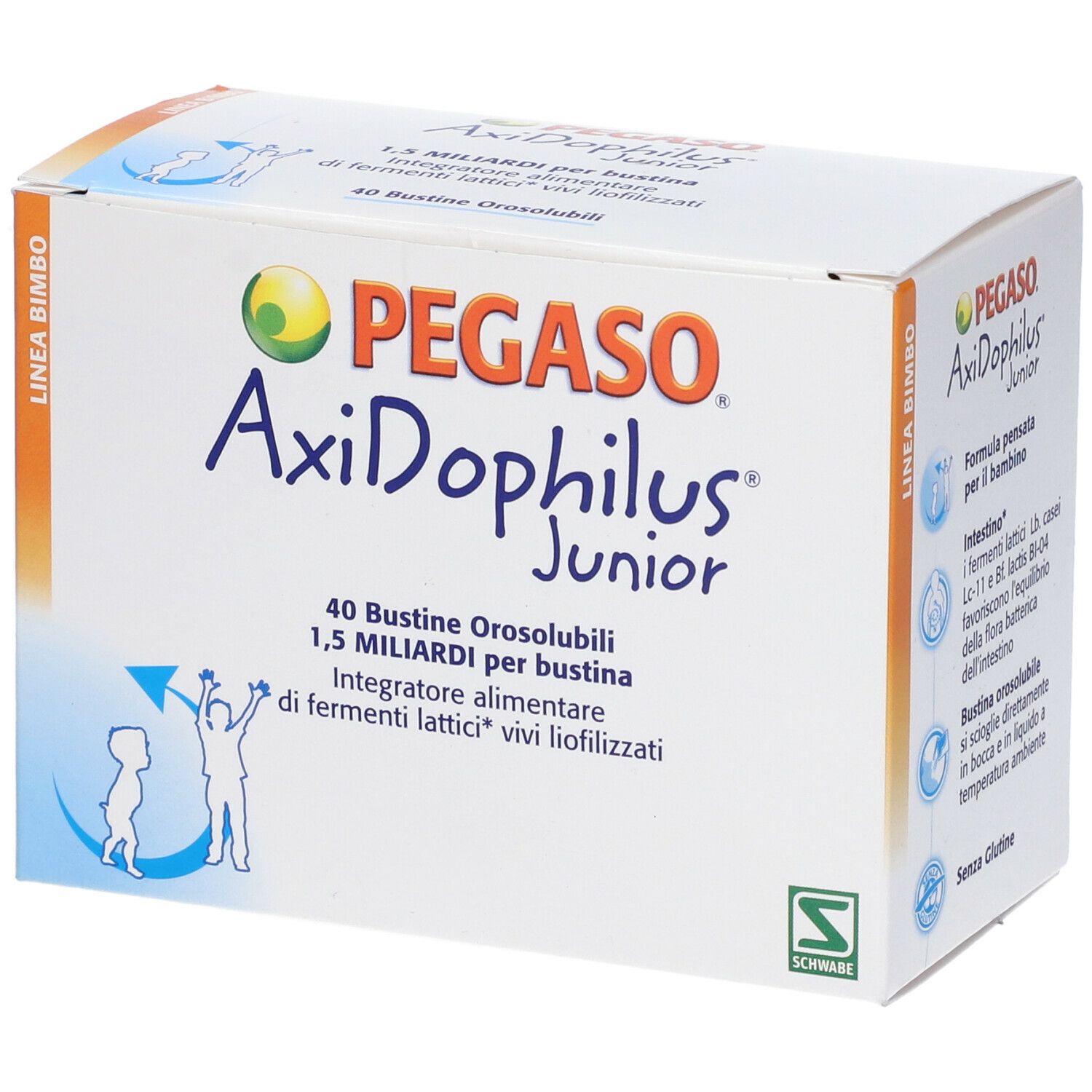 Scatola bianca con scritte. Scritta: PEGaso Axidophilus Junior, 40 bustine. Logo e testo in arancione, verde e blu. Illustrazione bambino.