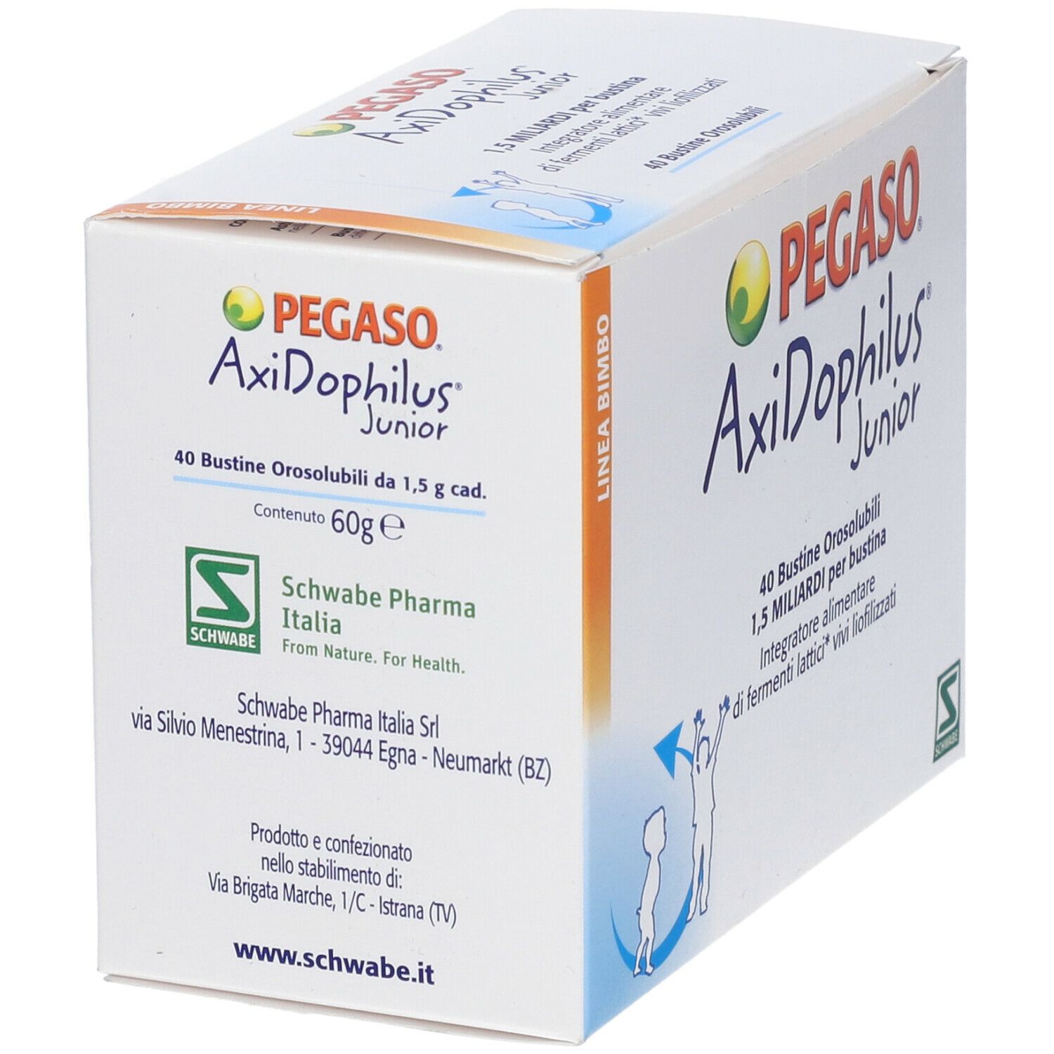 Scatola bianca, angolata. Scritta: PEGaso Axidophilus Junior, 40 bustine. Logo e testo in arancione, verde e blu. Informazioni produttore e indirizzo.