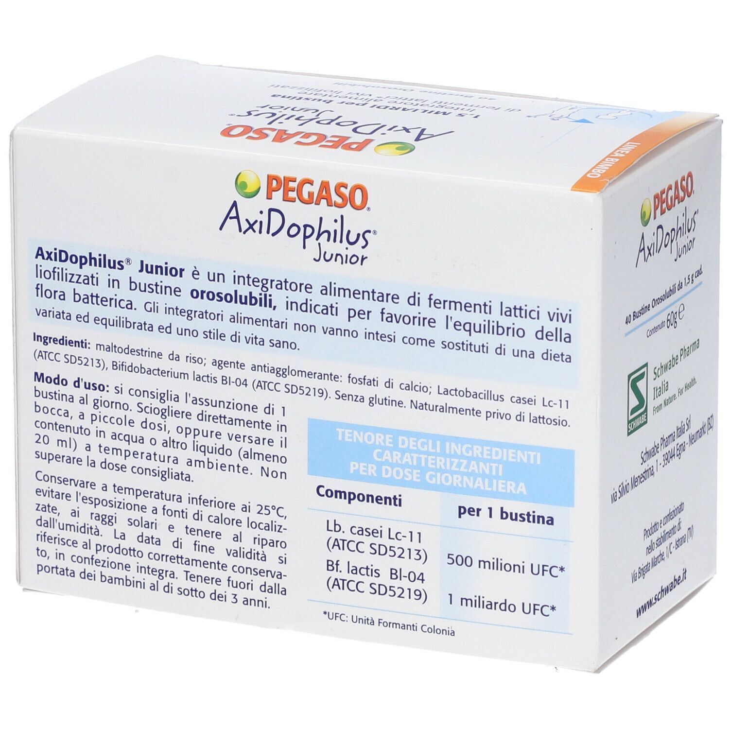 Scatola bianca, angolata. Scritta: PEGaso Axidophilus Junior. Testo e informazioni sul contenuto. Logo del produttore. Ingredienti e dosaggio.