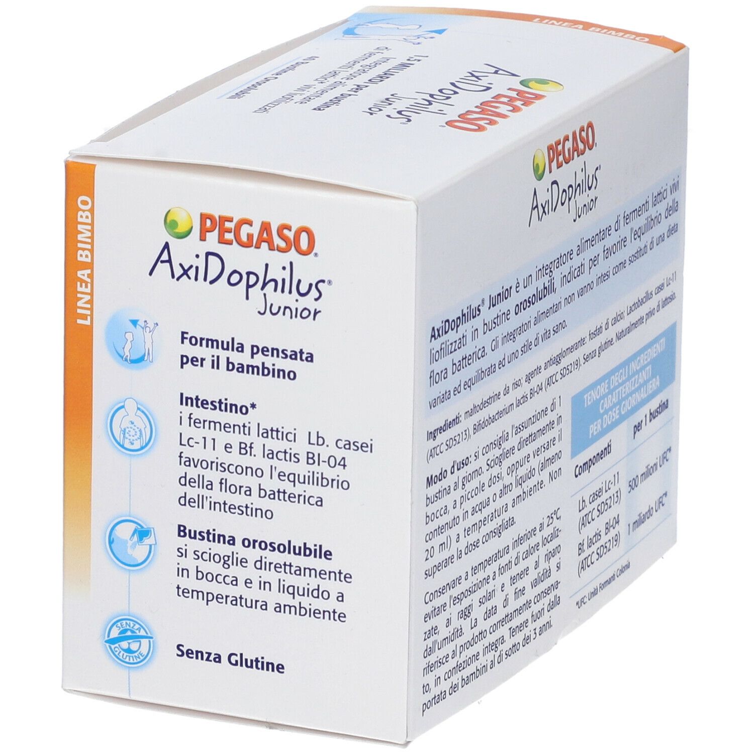 Scatola bianca, angolata. Scritta: PEGaso Axidophilus Junior. Testo e informazioni sul contenuto. Logo del produttore. Ingredienti e dosaggio.