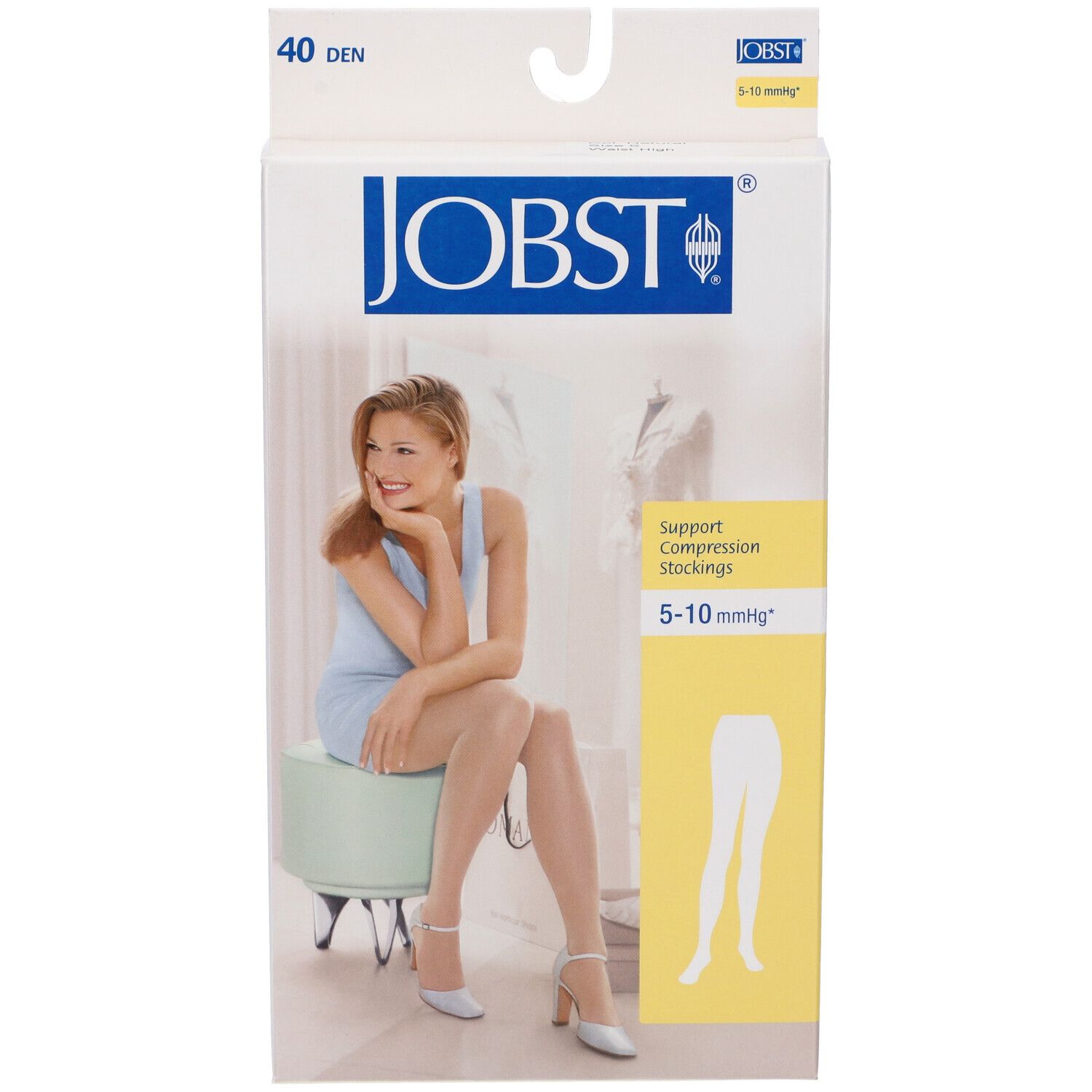 Confezione JOBST. Donna seduta. Scritta: 40 Den, calze a compressione, 5-10 mmHg. Illustrazione del prodotto.