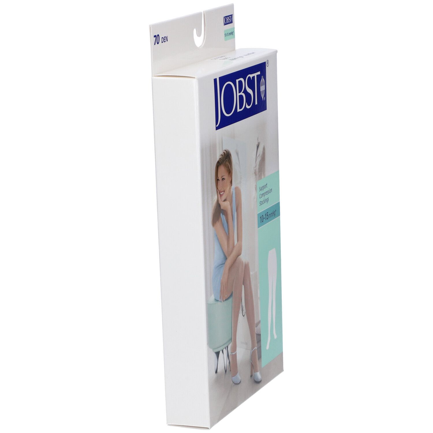 Vista laterale della confezione JOBST. Scritta: 70 den, 10-15 mmHg. Donna sulla confezione. Illustrazione del prodotto.