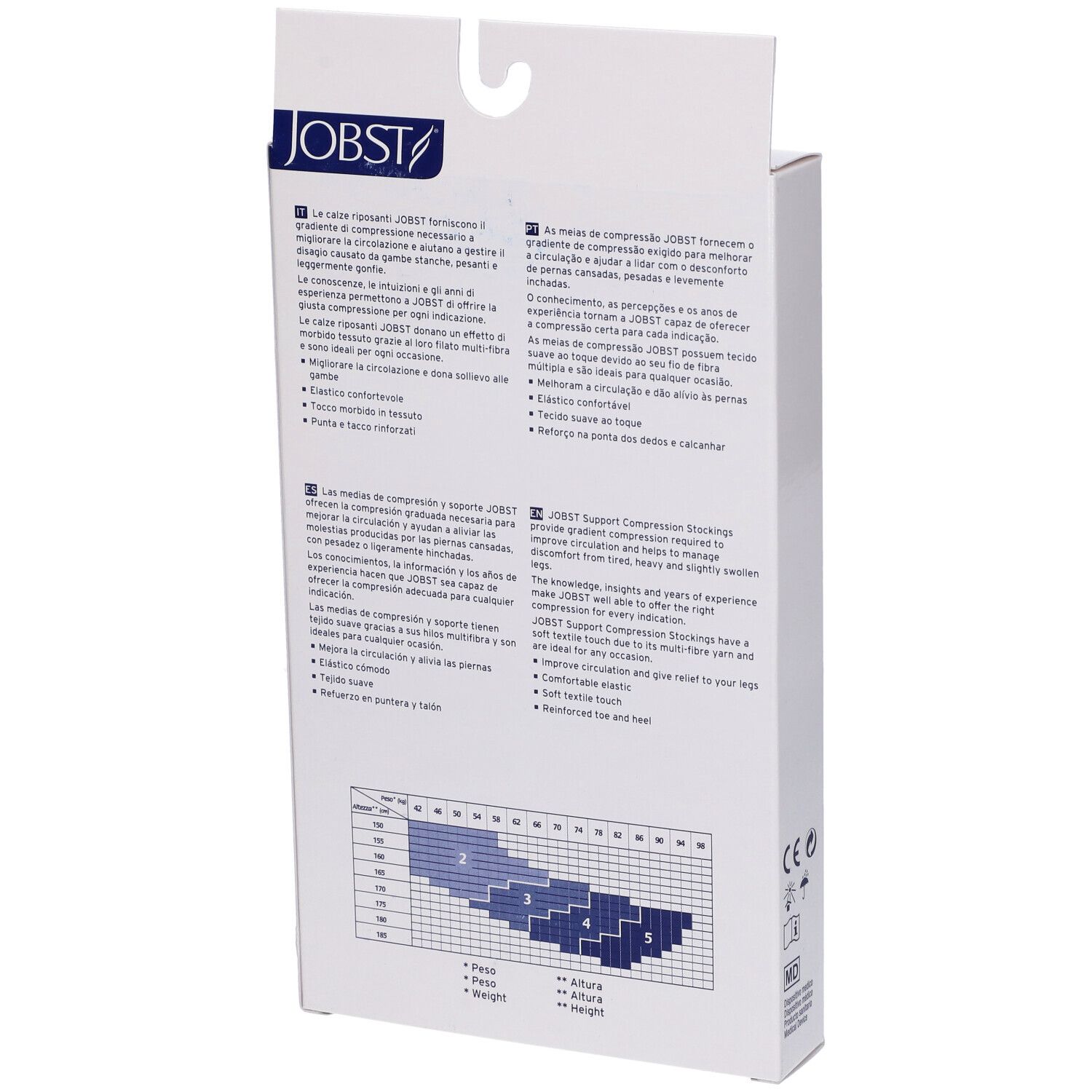 Retro della confezione di calze compressive JOBST. Informazioni multilingue.