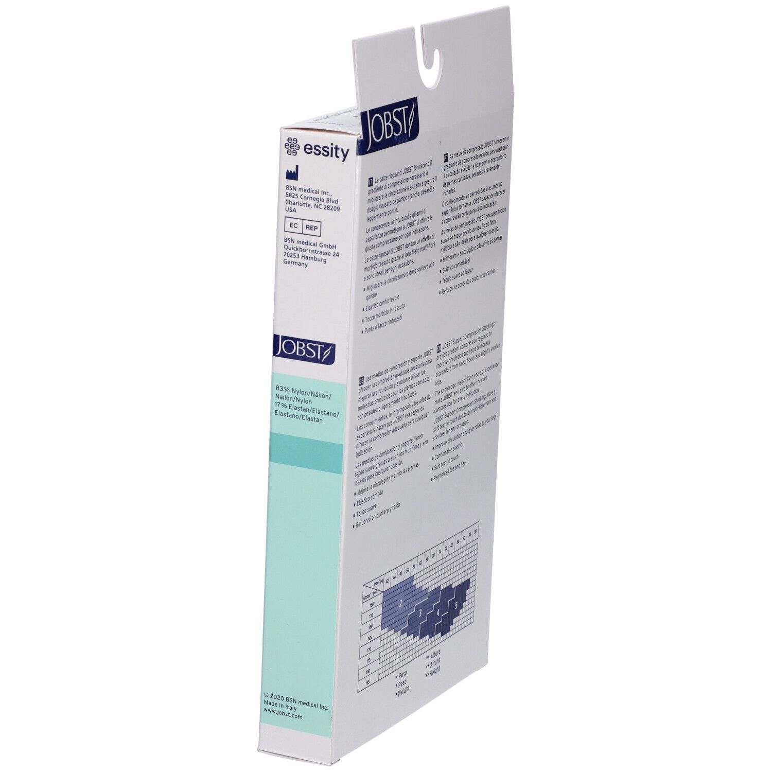 Retro della confezione di calze compressive JOBST. Informazioni multilingue.