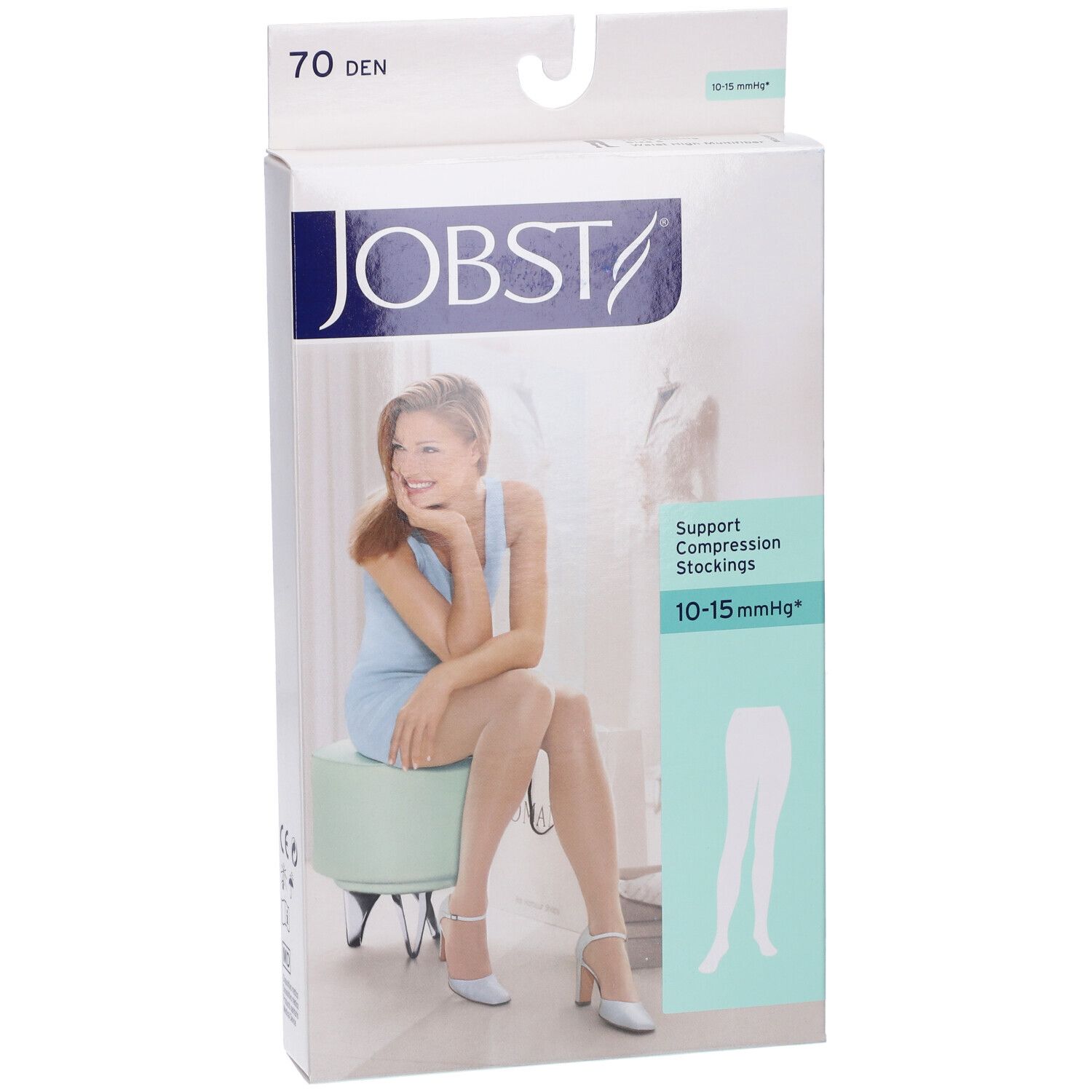 Confezione di calze compressive JOBST, 70 DEN, 10-15 mmHg. Donna seduta su uno sgabello.