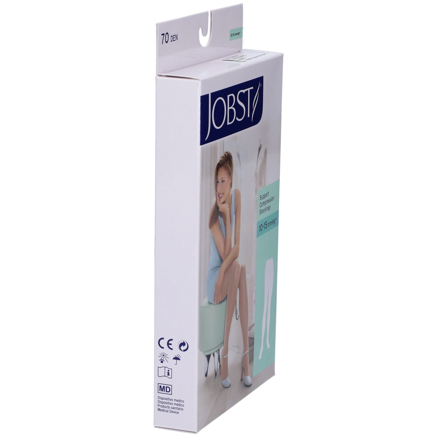 Jobst Collant Multifibra 70Den Naturel Misura 2. Vista laterale della confezione. 70 Den, marchio CE.