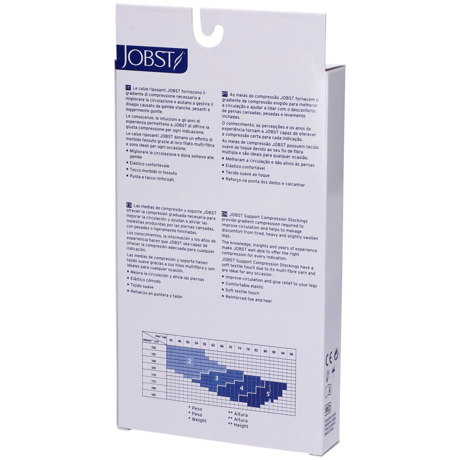 Jobst Collant Multifibra 70Den Naturel Misura 2. Retro della confezione con testo e tabella taglie.