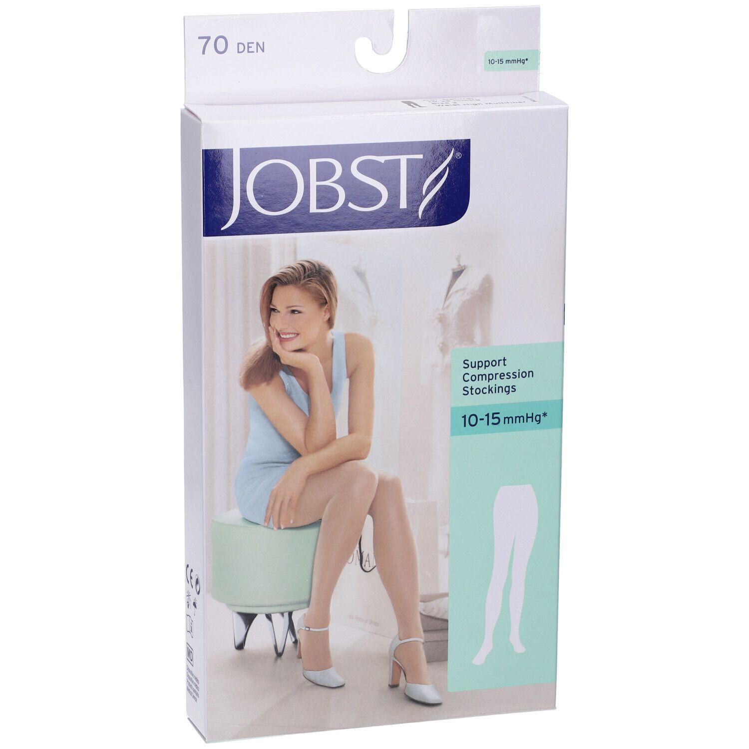 Jobst Collant Multifibra 70Den Naturel Misura 2. Confezione con donna che indossa calze. 70 Den, 10-15 mmHg.