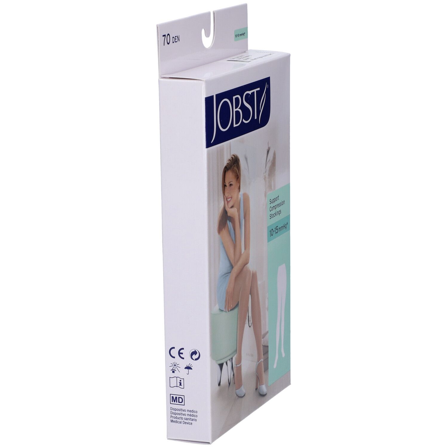 Confezione di calze JOBST. Vista laterale. Logo, donna con calze, illustrazione del prodotto, marchio CE.