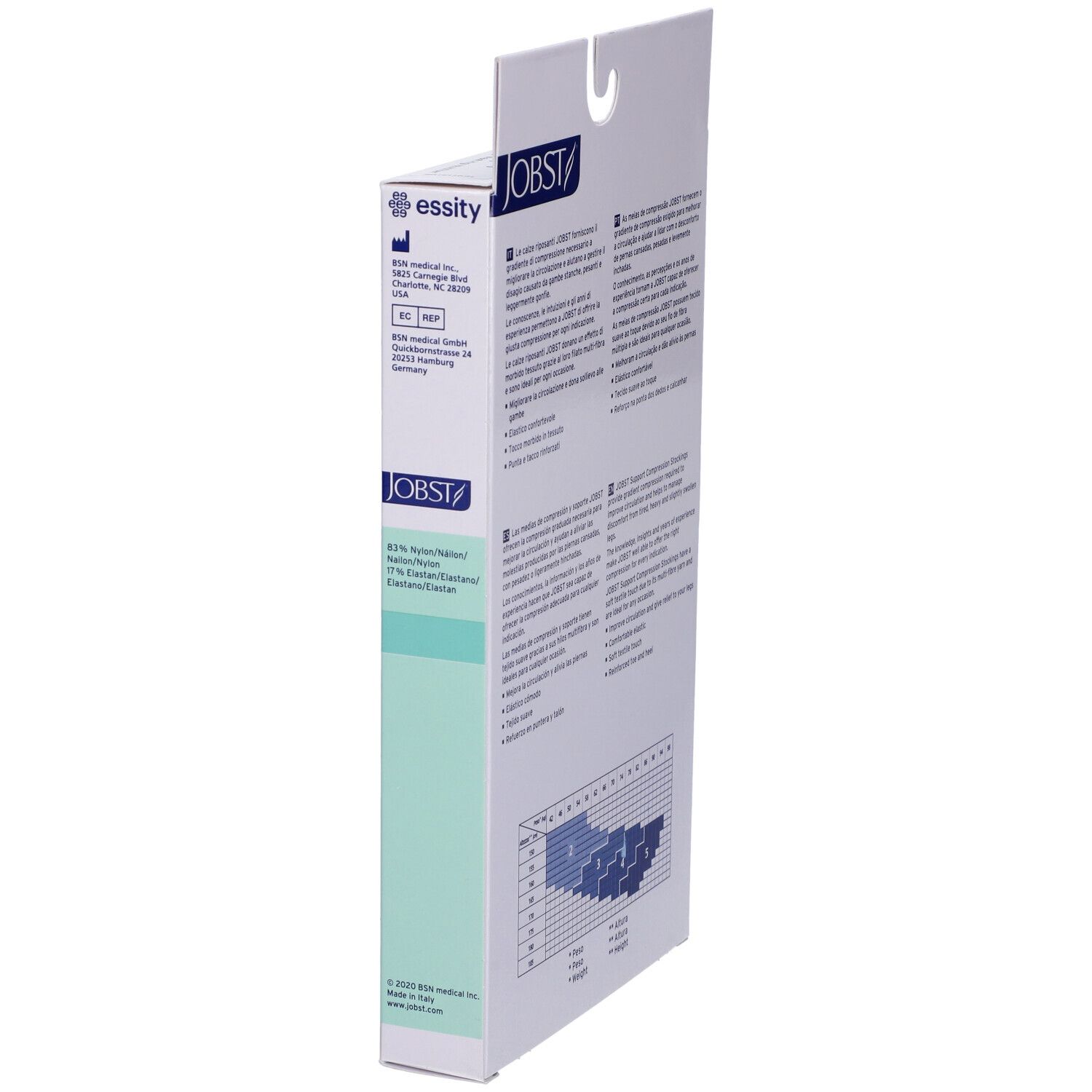 Lato della confezione di calze JOBST. Testo, logo, marchio CE. Informazioni del produttore. Tabella taglie.
