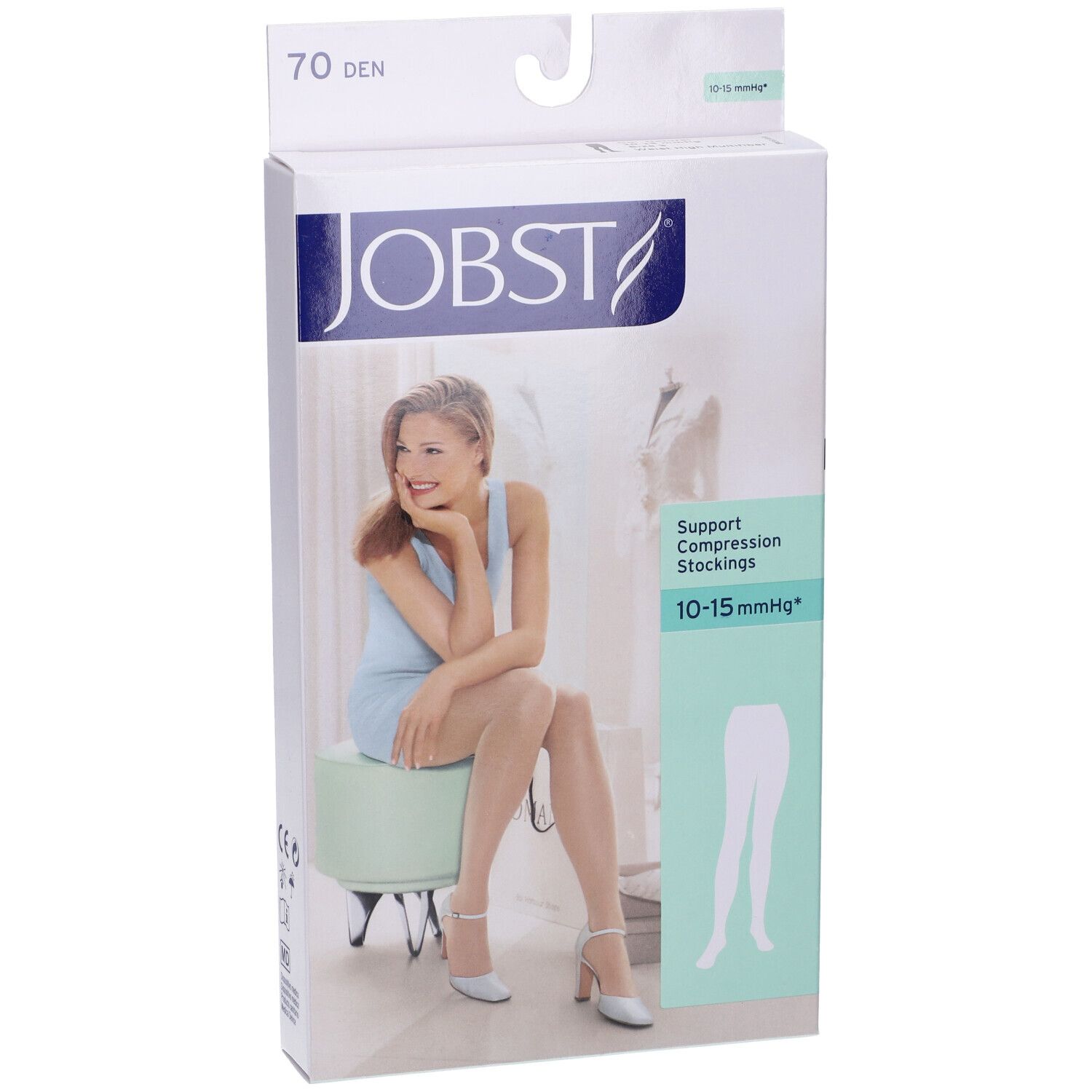 Confezione di calze JOBST. Scritta: 70 DEN, logo, donna con calze. Illustrazione del prodotto.