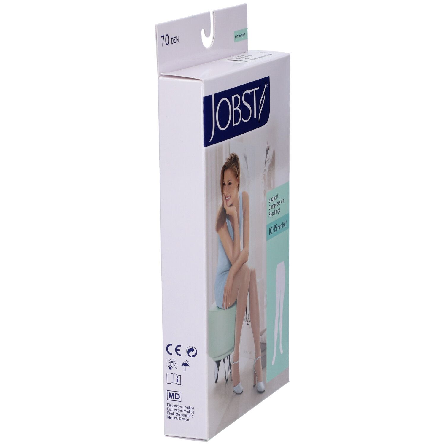 Confezione di calze a compressione JOBST. Lato con loghi, testo e marchio CE. 70 DEN, 10-15 mmHg.