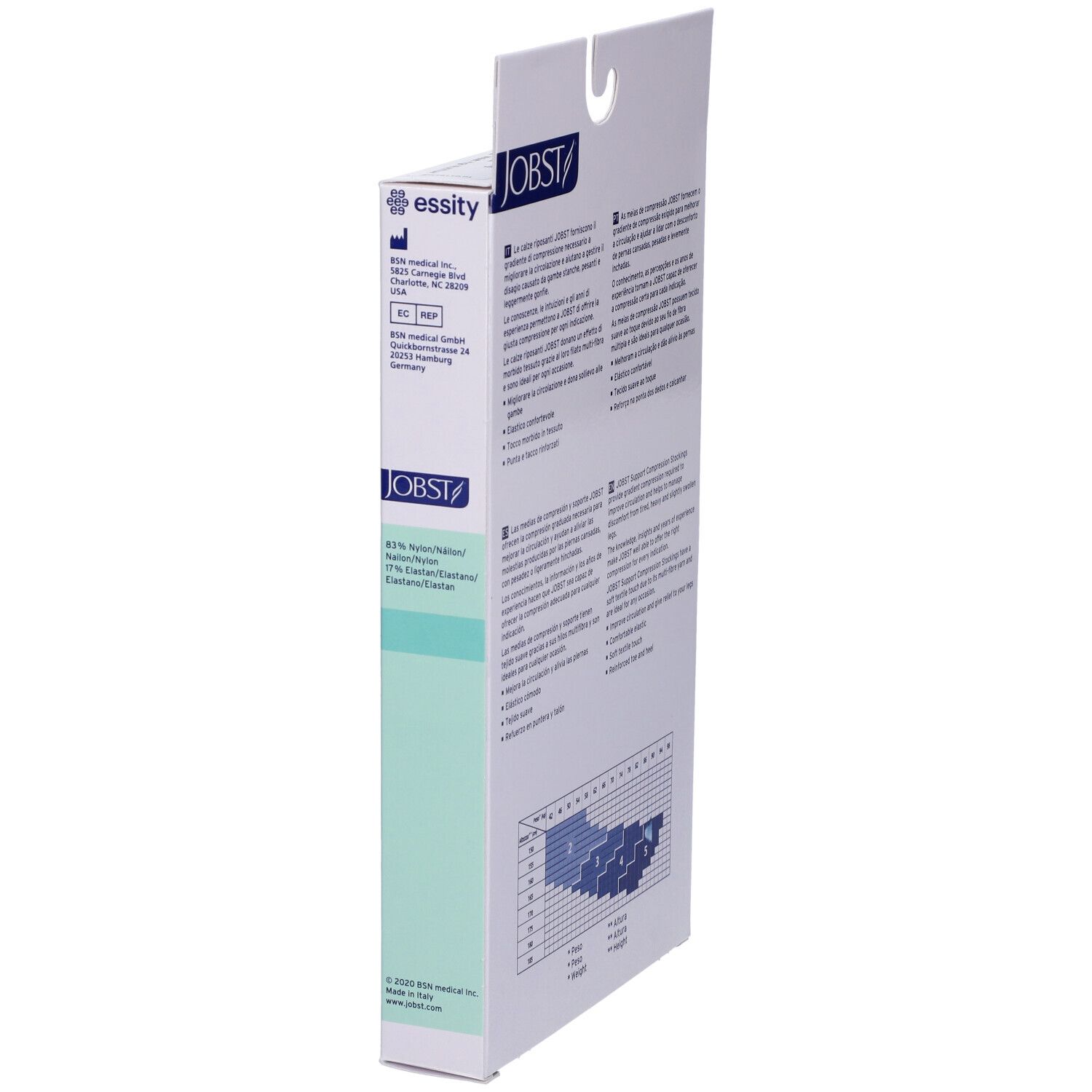 Lato della confezione di calze a compressione JOBST. Testo, logo, marchio CE. Informazioni produttore.