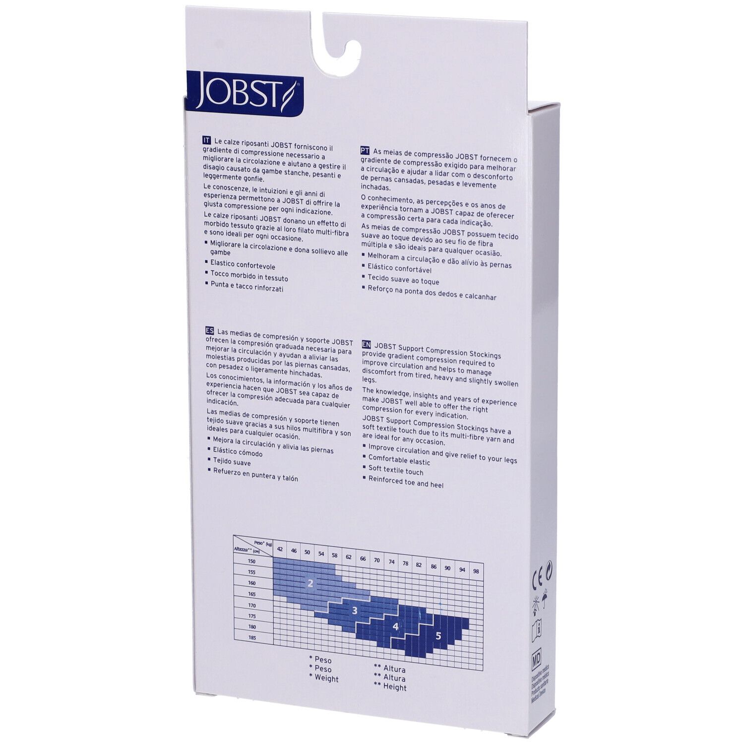 Retro della confezione di calze compressive JOBST. Testo multilingue. Tabella taglie con misure di piede e polpaccio.
