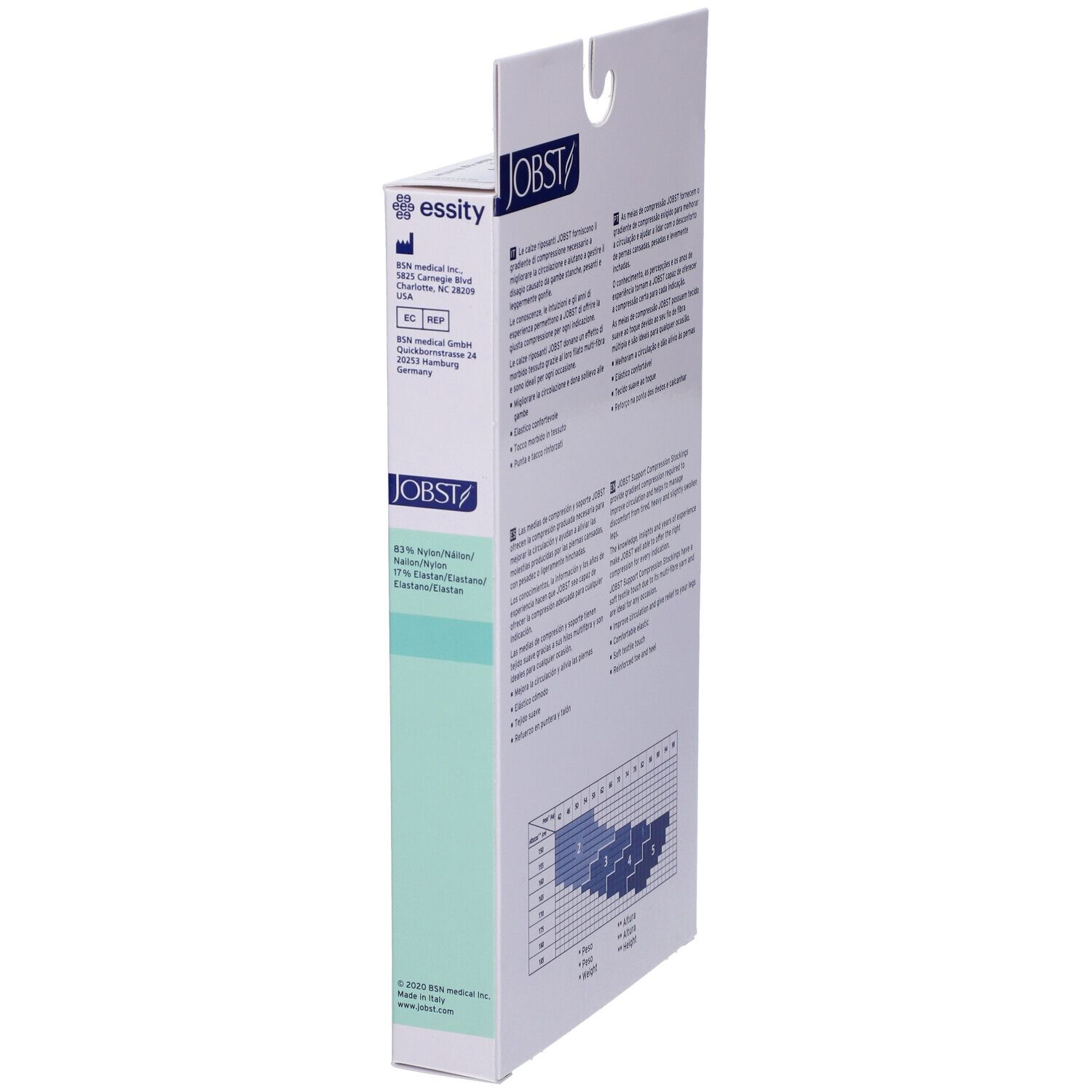 Vista laterale della confezione di calze compressive JOBST. Testo e loghi. Tabella taglie. Informazioni del produttore.