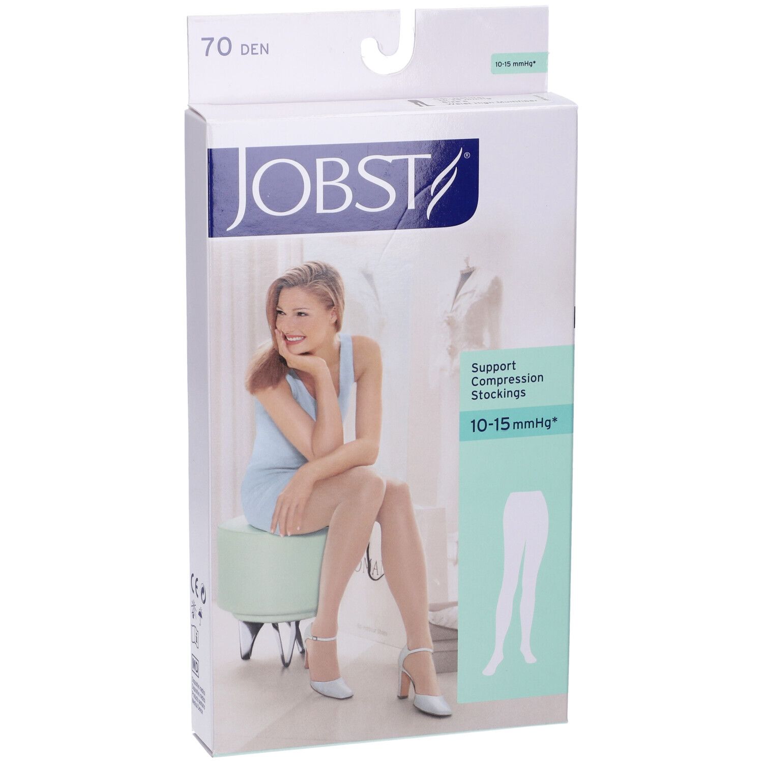 Confezione di calze compressive JOBST. Scritta: 70 DEN, 10-15 mmHg. Donna seduta, indossa calze. Illustrazione del prodotto.