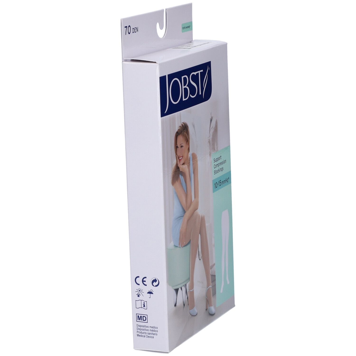 Vista obliqua della confezione JOBST. Scritta: JOBST, 70 DEN, 10-15 mmHg. Donna sulla confezione.