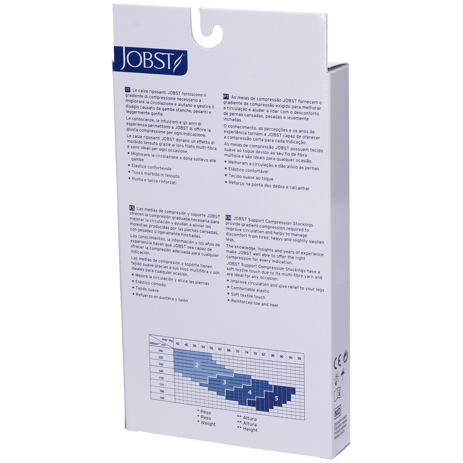 Retro della confezione JOBST. Testo multilingue. Tabella taglie per calze compressive.