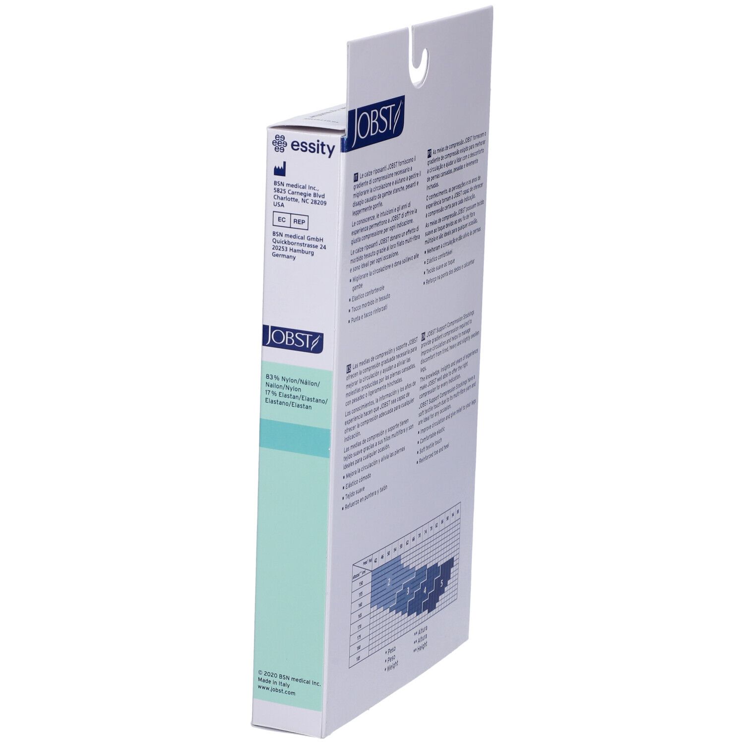 Vista laterale della confezione JOBST. Testo e loghi. Tabella taglie per calze compressive.