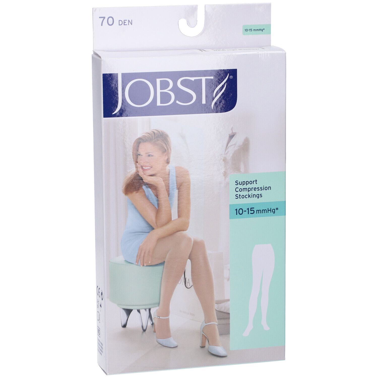 Confezione JOBST con calze compressive. Scritta: 70 DEN, 10-15 mmHg. Donna seduta, indossa calze.
