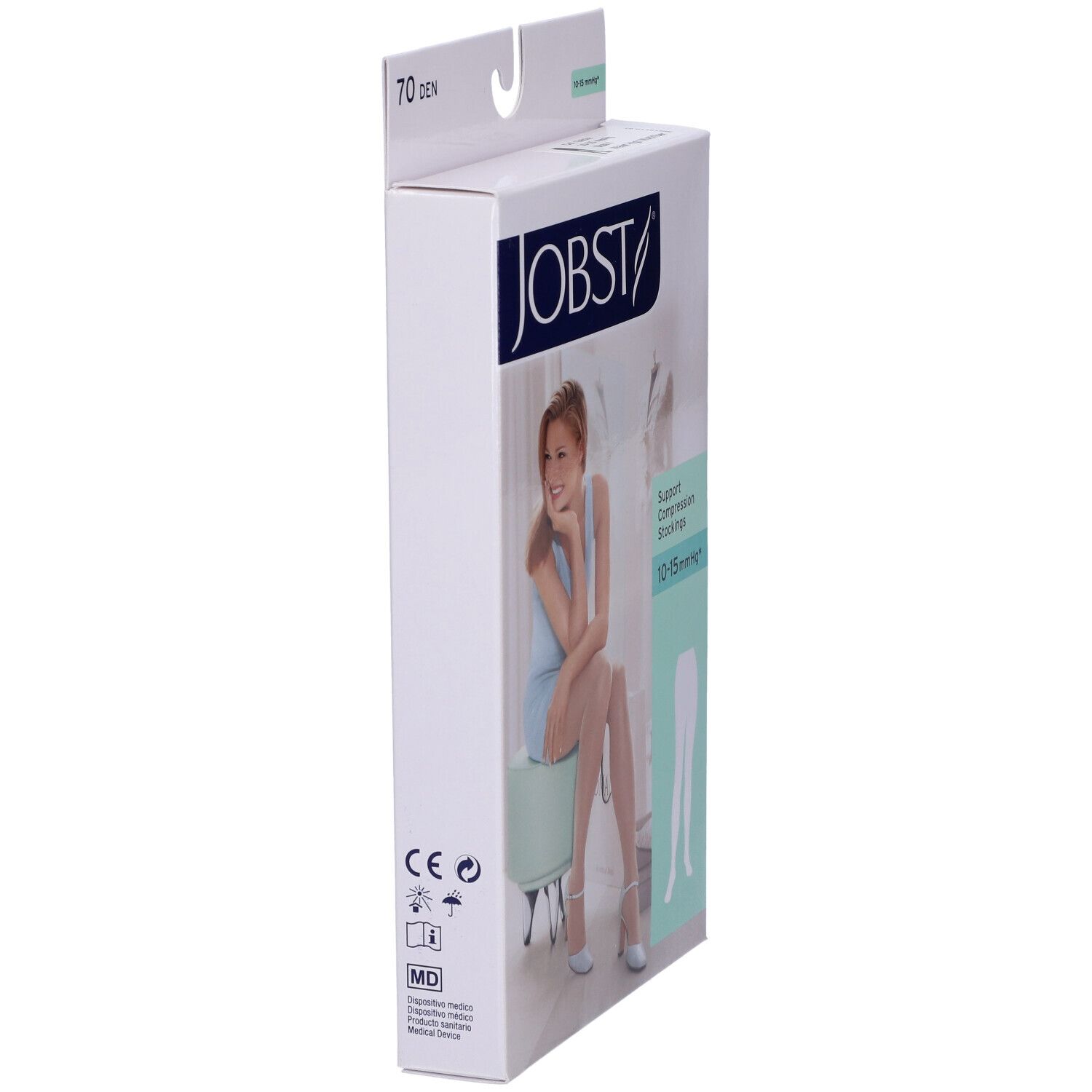 Confezione Jobst Collant Multifibra 70Den. Vista laterale. Testo: JOBST, calze a compressione 10-15 mmHg. Marchio CE, simbolo MD.